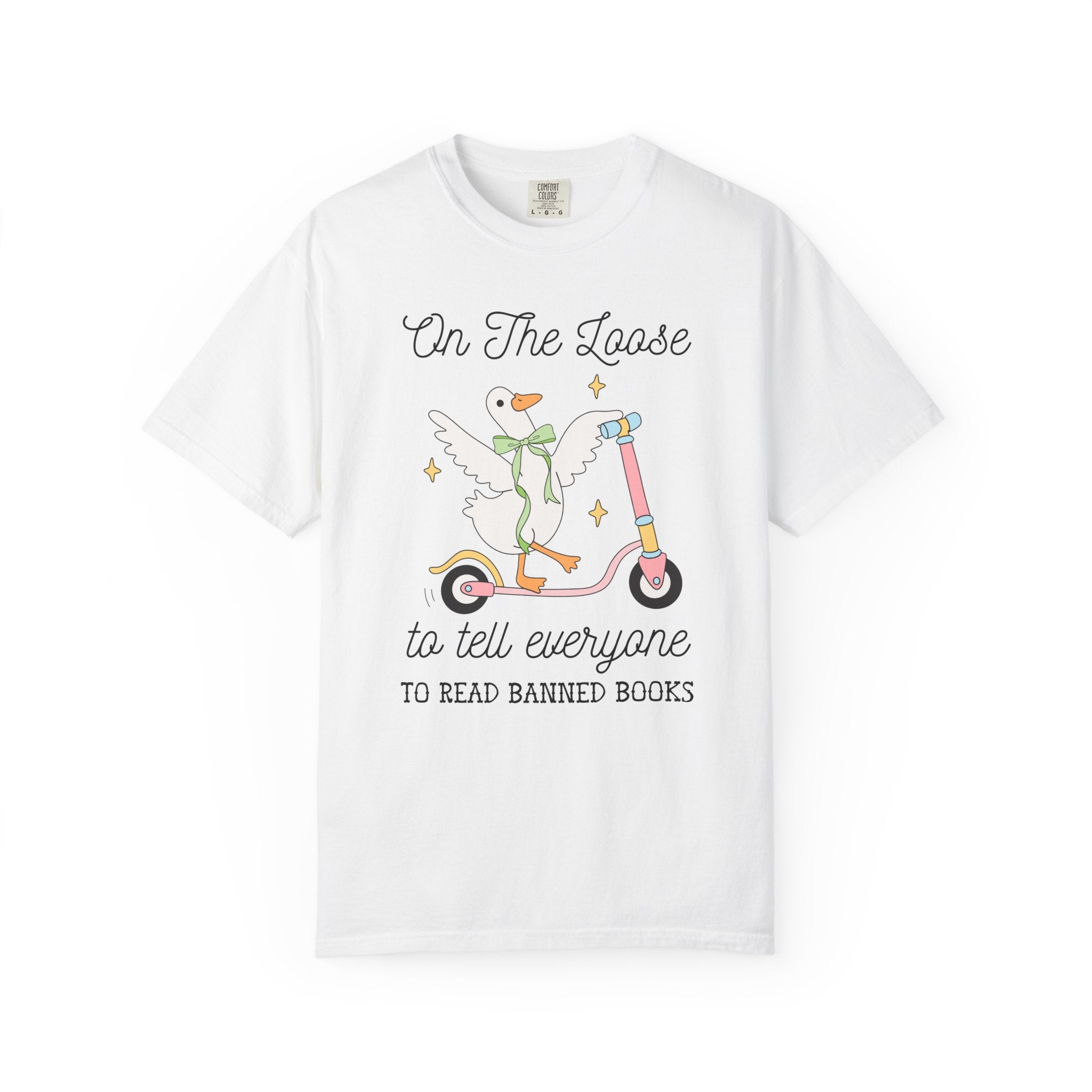 Read Banned Books Book Lover Tee Shirt with Silly Goose Wearing Cute Coquette Bow, Cute Bookish T-Shirt for Leftist Bookworm or Librarian - Opal and June