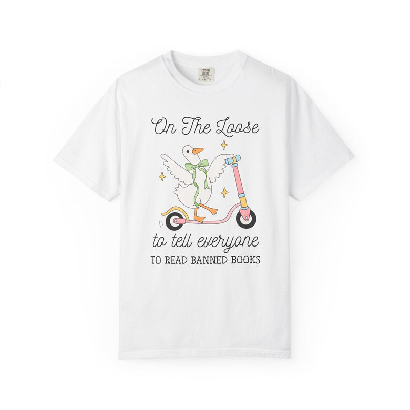 Read Banned Books Book Lover Tee Shirt with Silly Goose Wearing Cute Coquette Bow, Cute Bookish T-Shirt for Leftist Bookworm or Librarian - Opal and June