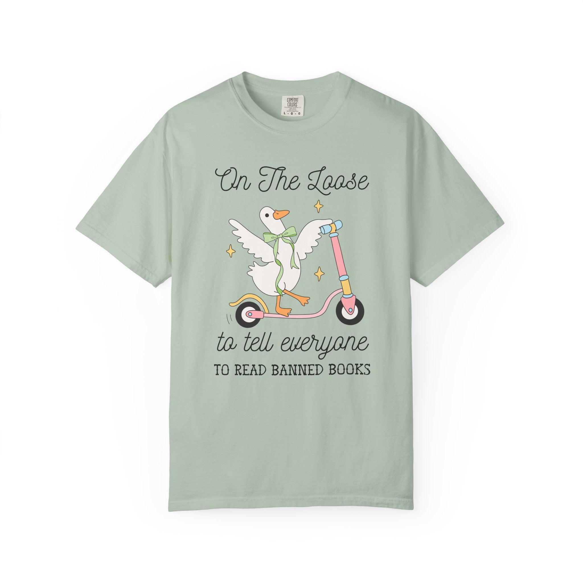 Read Banned Books Book Lover Tee Shirt with Silly Goose Wearing Cute Coquette Bow, Cute Bookish T-Shirt for Leftist Bookworm or Librarian - Opal and June
