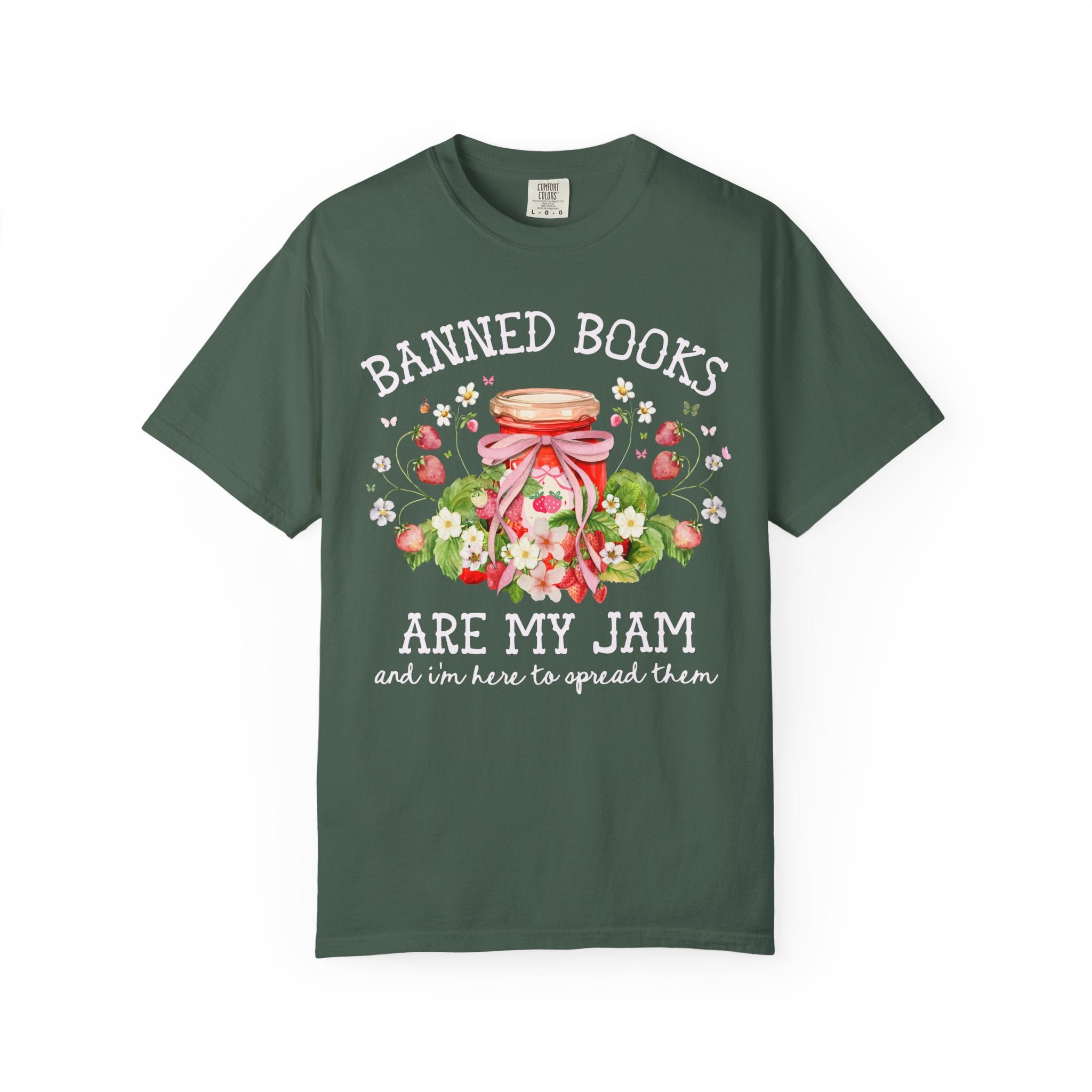 Read Banned Books Cute Reading Teacher T-Shirt for Librarian, Cottagecore Strawberry Tee Shirt, Book Lover, Boho Bookish Shirt with Flowers - Opal and June