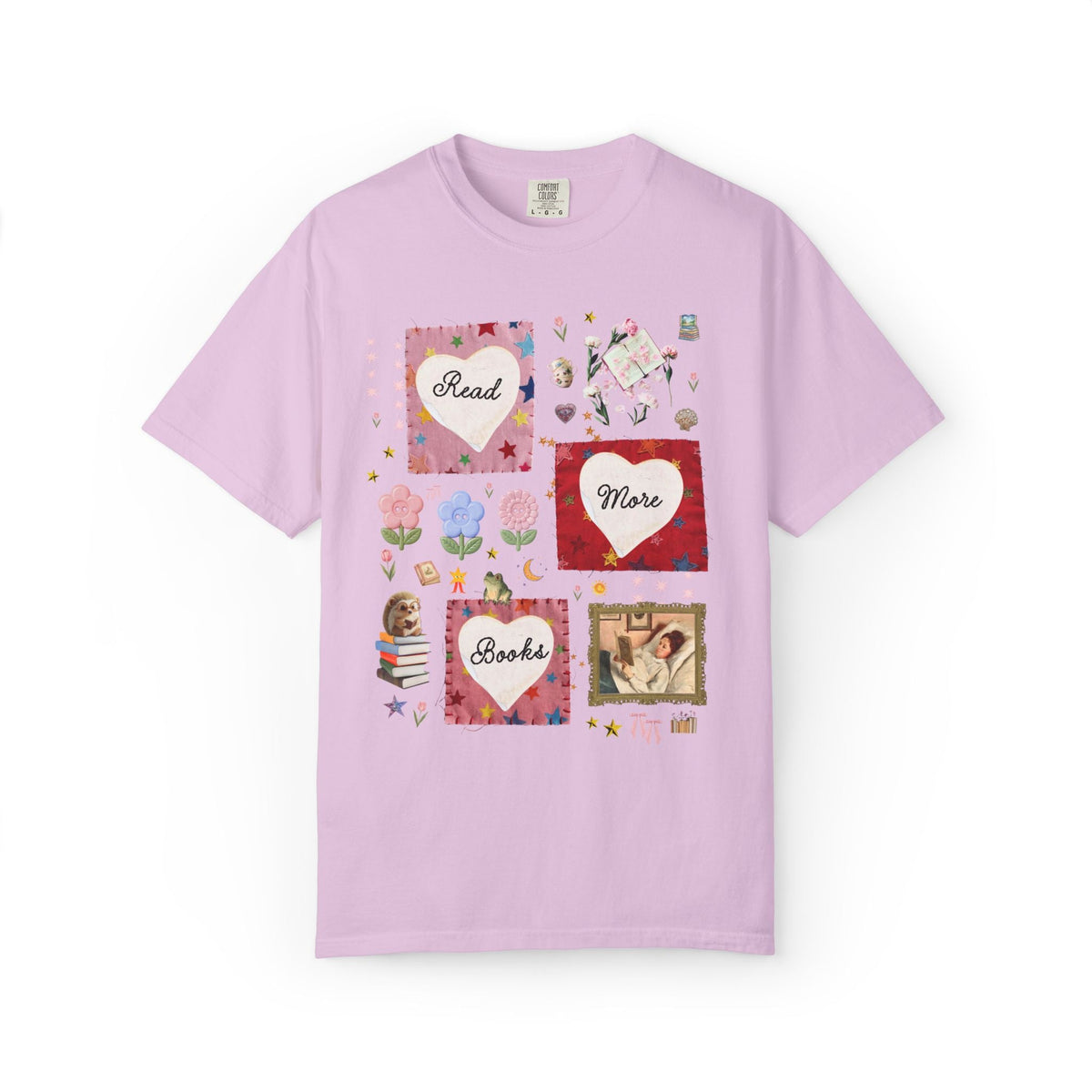 Read More Books Maximalist Collage T-Shirt with Hearts and Flowers, Whimsy Kitschy Soft Girl Style Tee Shirt for Book Lover or Bookworm - Opal and June