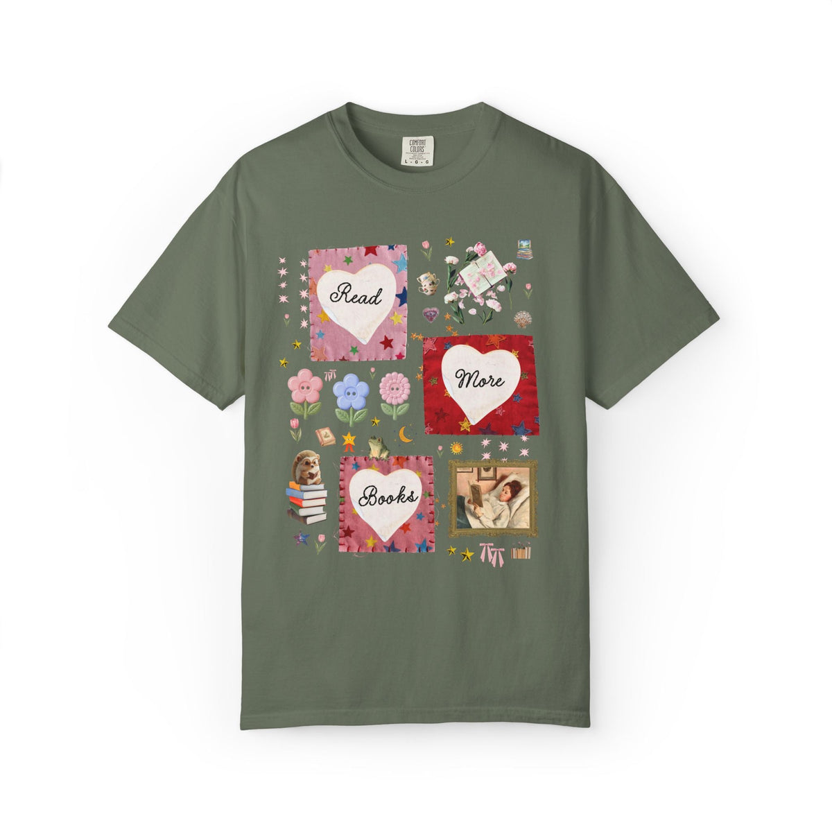 Read More Books Maximalist Collage T-Shirt with Hearts and Flowers, Whimsy Kitschy Soft Girl Style Tee Shirt for Book Lover or Bookworm - Opal and June