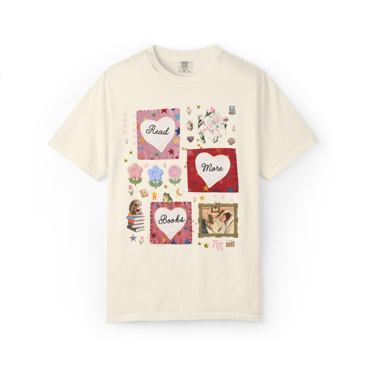 Read More Books Maximalist Collage T-Shirt with Hearts and Flowers, Whimsy Kitschy Soft Girl Style Tee Shirt for Book Lover or Bookworm - Opal and June