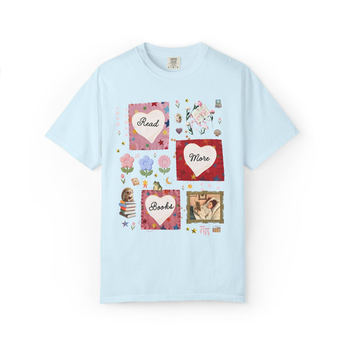 Read More Books Maximalist Collage T-Shirt with Hearts and Flowers, Whimsy Kitschy Soft Girl Style Tee Shirt for Book Lover or Bookworm - Opal and June
