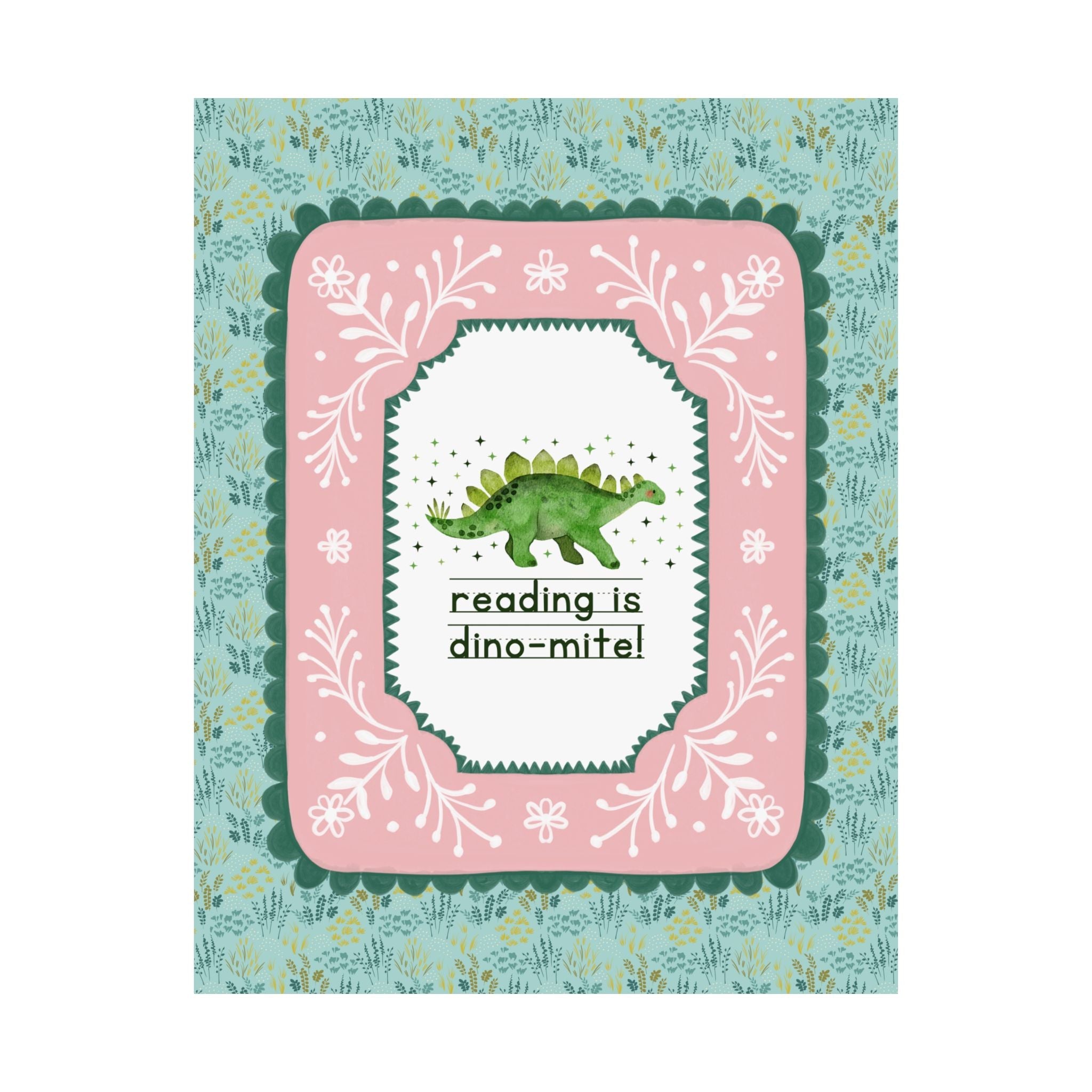 Reading is Dino - Mite Elementary School Reading Month Poster for School Librarian or Reading Teacher, Cute and Funny Dinosaur Lover Print - Opal and June