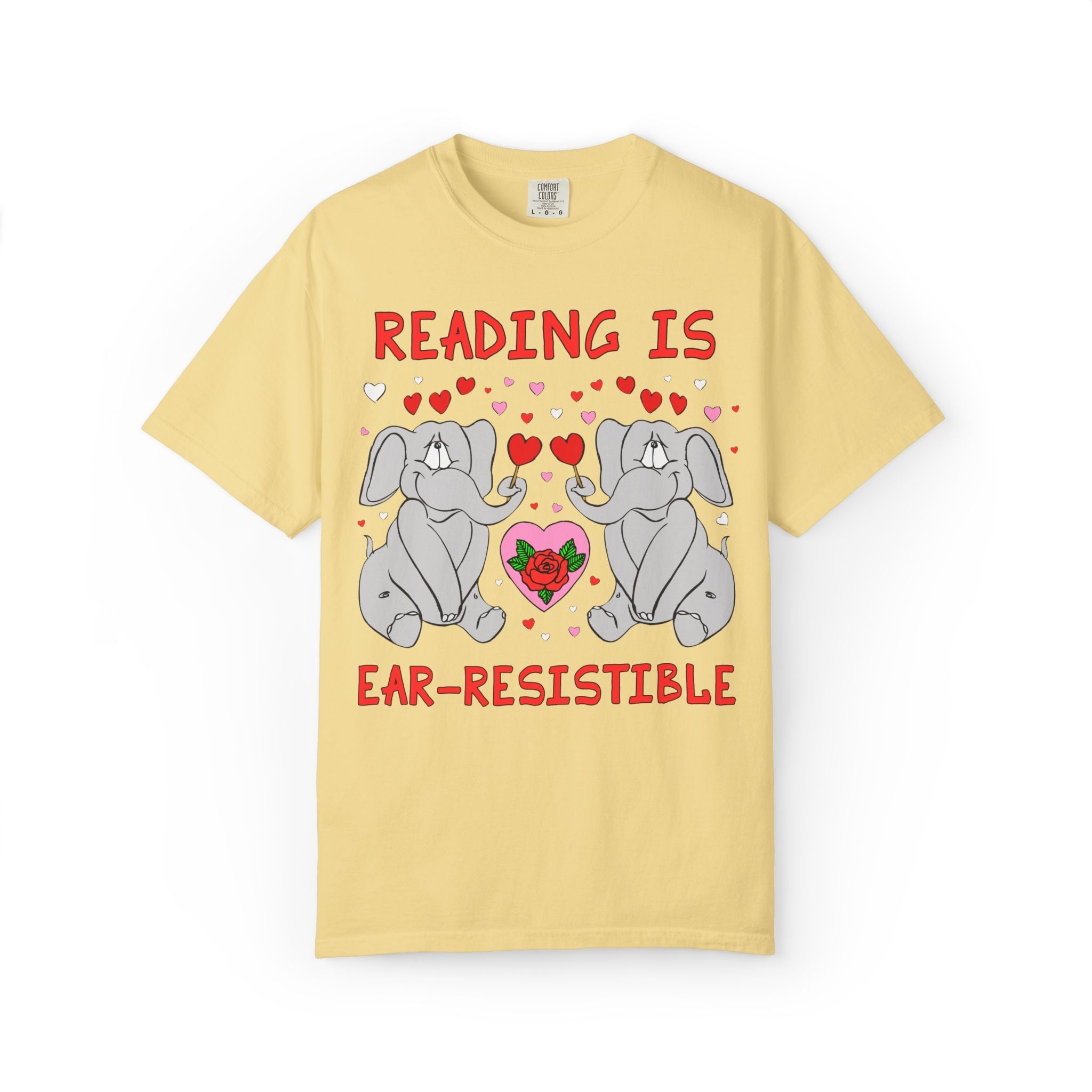 Reading is Ear-Resistible! Valentine's Day Teacher Tee: Funny Animal Lover T-Shirt with Elephant and Hearts, Cute Matching Teacher Tee - Opal and June