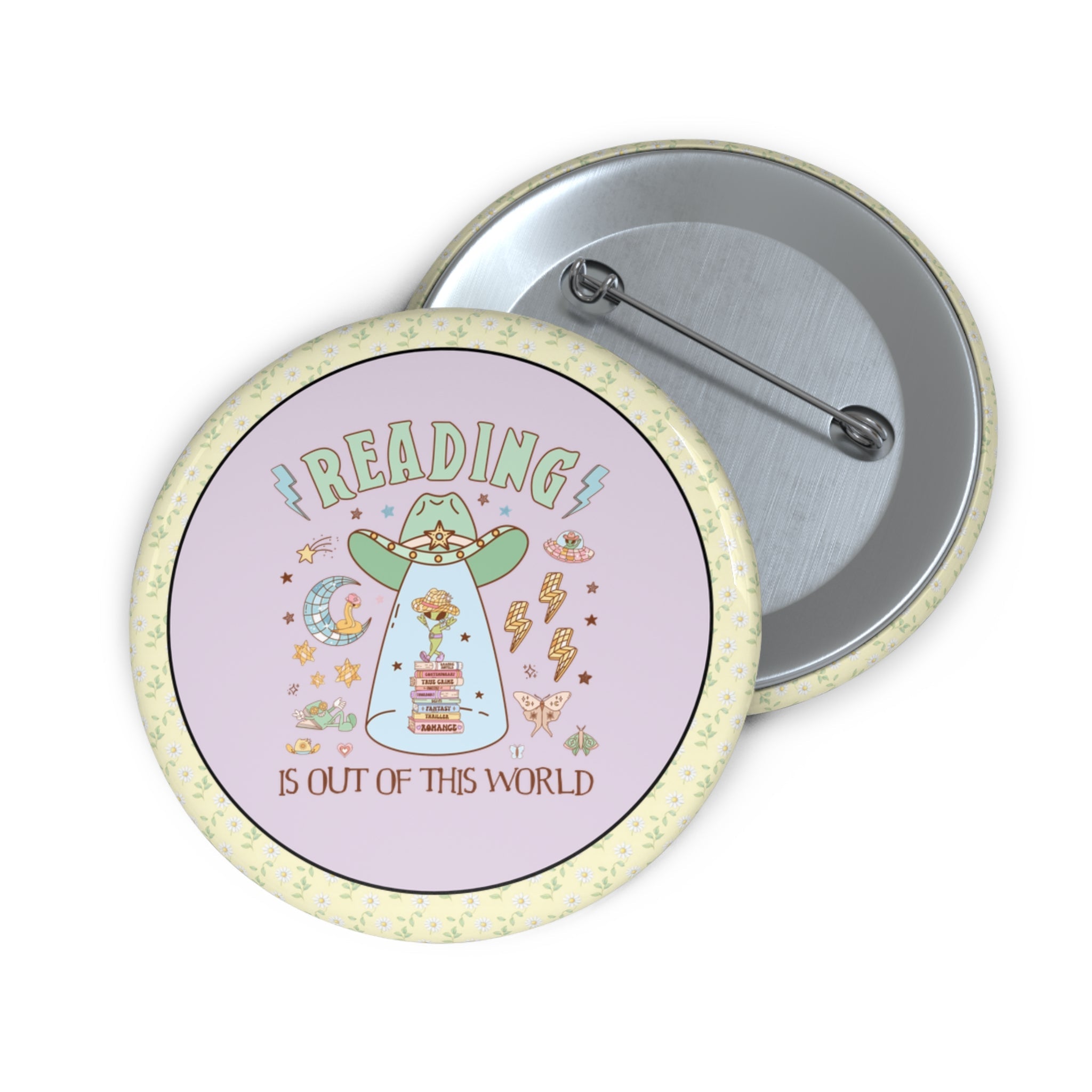 Reading is Out of This World: Funny Bookish Alien Button with Disco Groovy Vibe, Silly School Librarian Button for Bookworm or Author - Opal and June