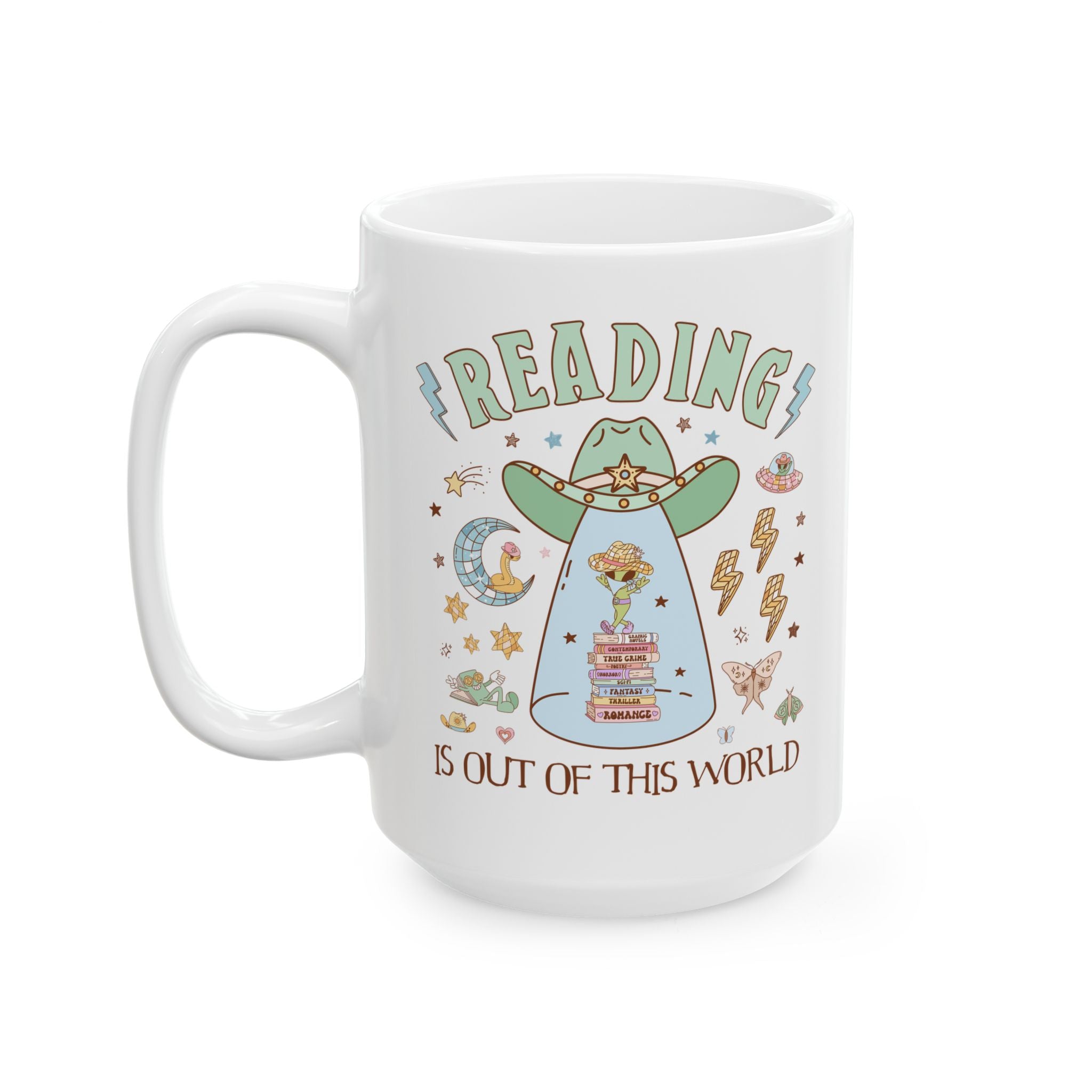 Reading is Out of This World: Funny Bookish Alien Mug with Disco Groovy Vibe, Silly School Librarian 15 Oz Mug for Bookworm or Author - Opal and June