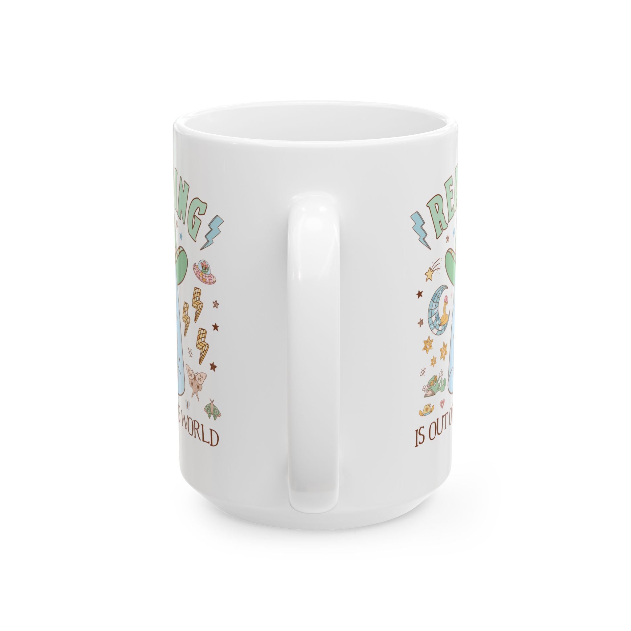 Reading is Out of This World: Funny Bookish Alien Mug with Disco Groovy Vibe, Silly School Librarian 15 Oz Mug for Bookworm or Author - Opal and June