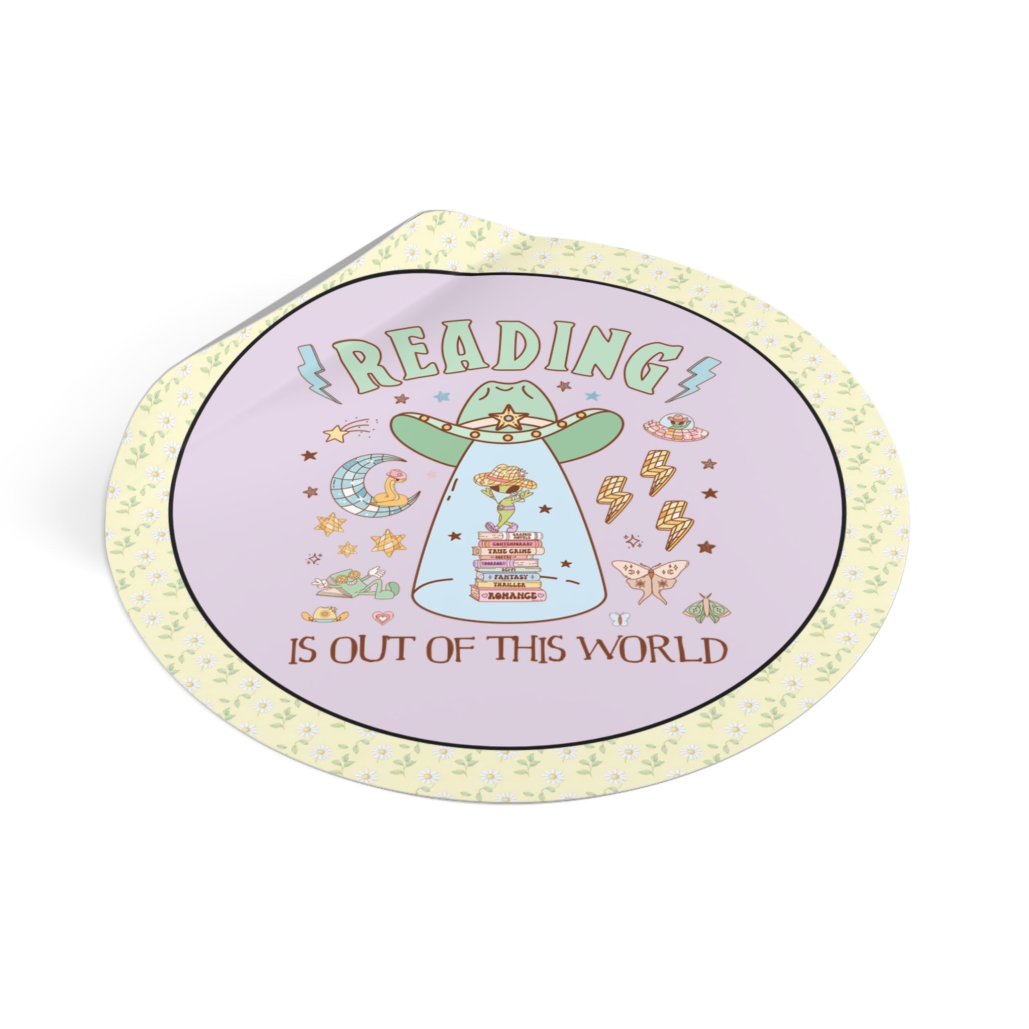 Reading is Out of This World: Funny Bookish Alien Sticker with Disco Groovy Vibe, Silly School Librarian Sticker for Bookworm or Author - Opal and June
