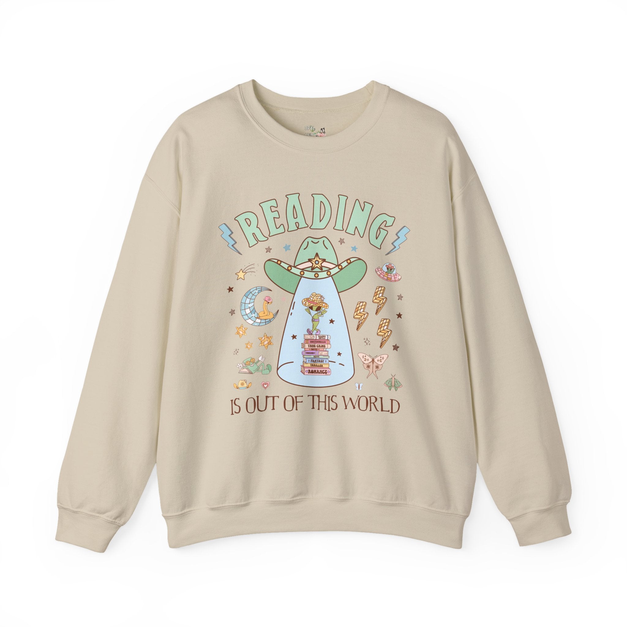Reading is Out of This World: Funny Bookish Alien Sweatshirt with Disco Groovy Vibe, Silly School Librarian Crewneck for Bookworm or Author - Opal and June