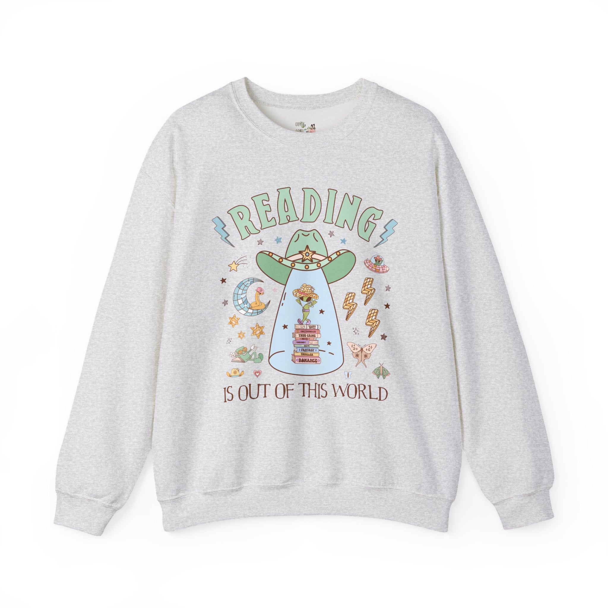 Reading is Out of This World: Funny Bookish Alien Sweatshirt with Disco Groovy Vibe, Silly School Librarian Crewneck for Bookworm or Author - Opal and June