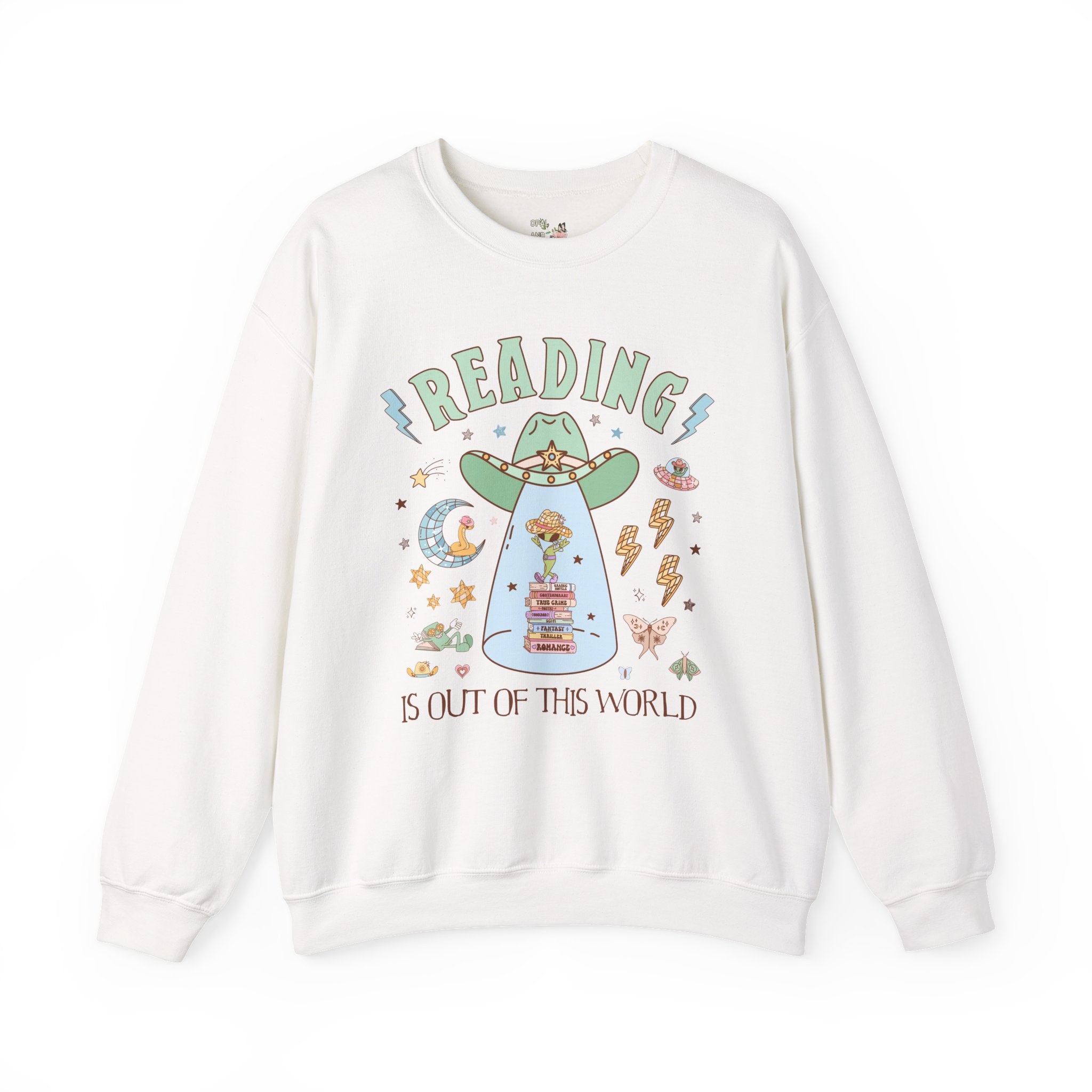 Reading is Out of This World: Funny Bookish Alien Sweatshirt with Disco Groovy Vibe, Silly School Librarian Crewneck for Bookworm or Author - Opal and June