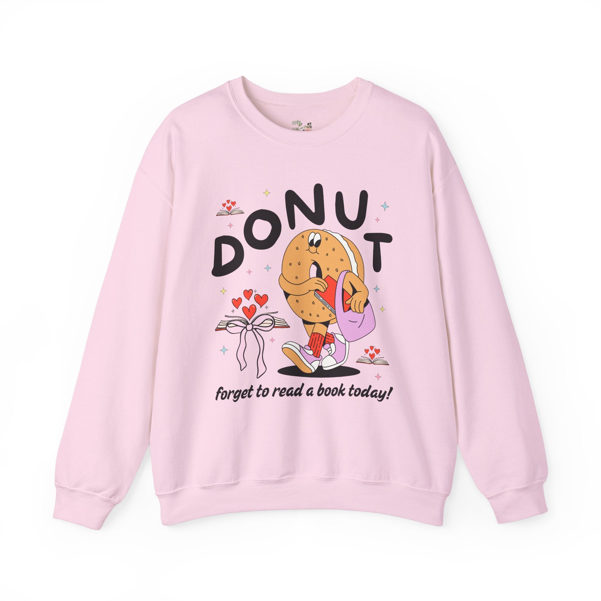 Reading Teacher Sweatshirt for Book Lover or Romance Reader, Funny Saying Bookworm Donut Crewneck with Hearts, Groovy School Librarian Gift - Opal and June