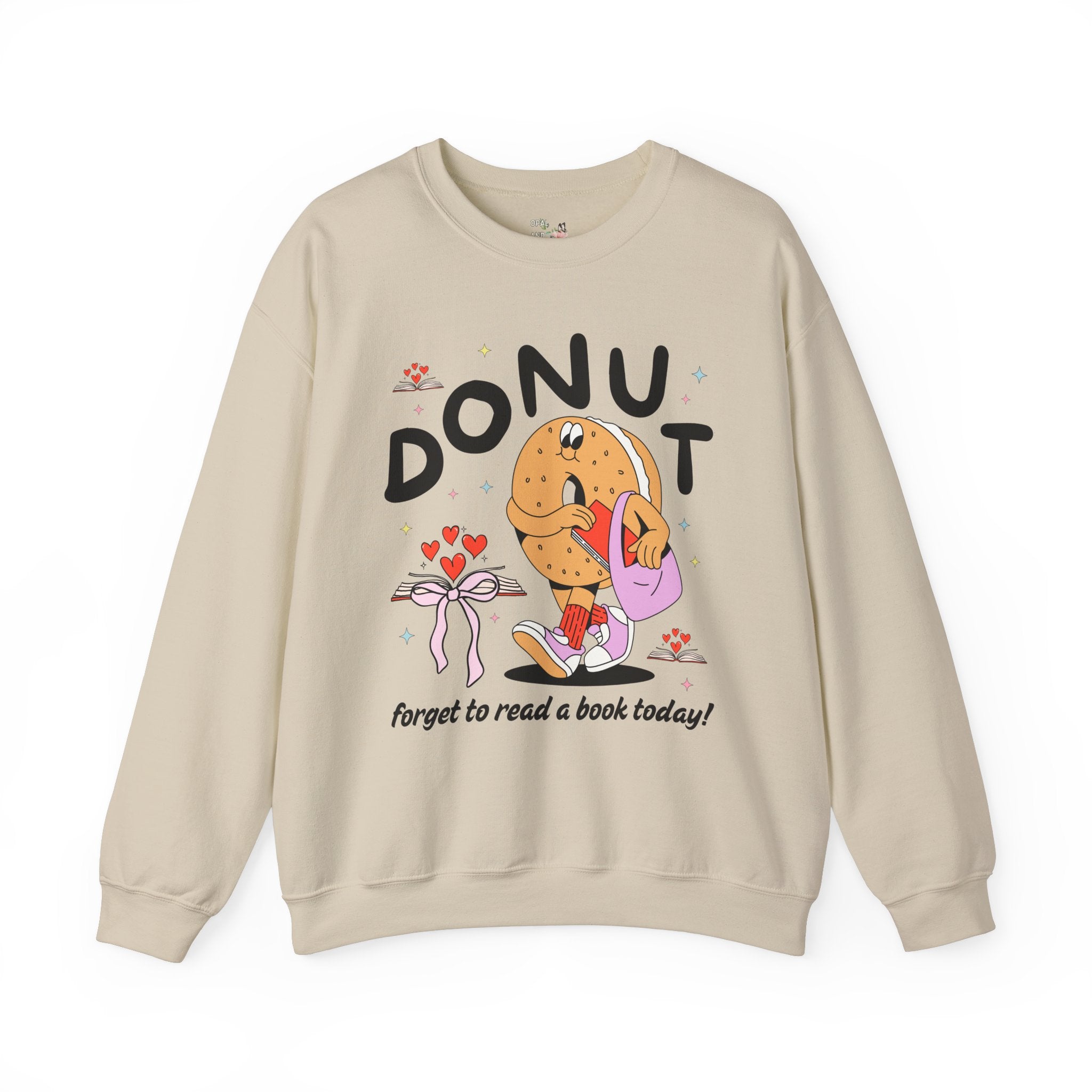 Reading Teacher Sweatshirt for Book Lover or Romance Reader, Funny Saying Bookworm Donut Crewneck with Hearts, Groovy School Librarian Gift - Opal and June