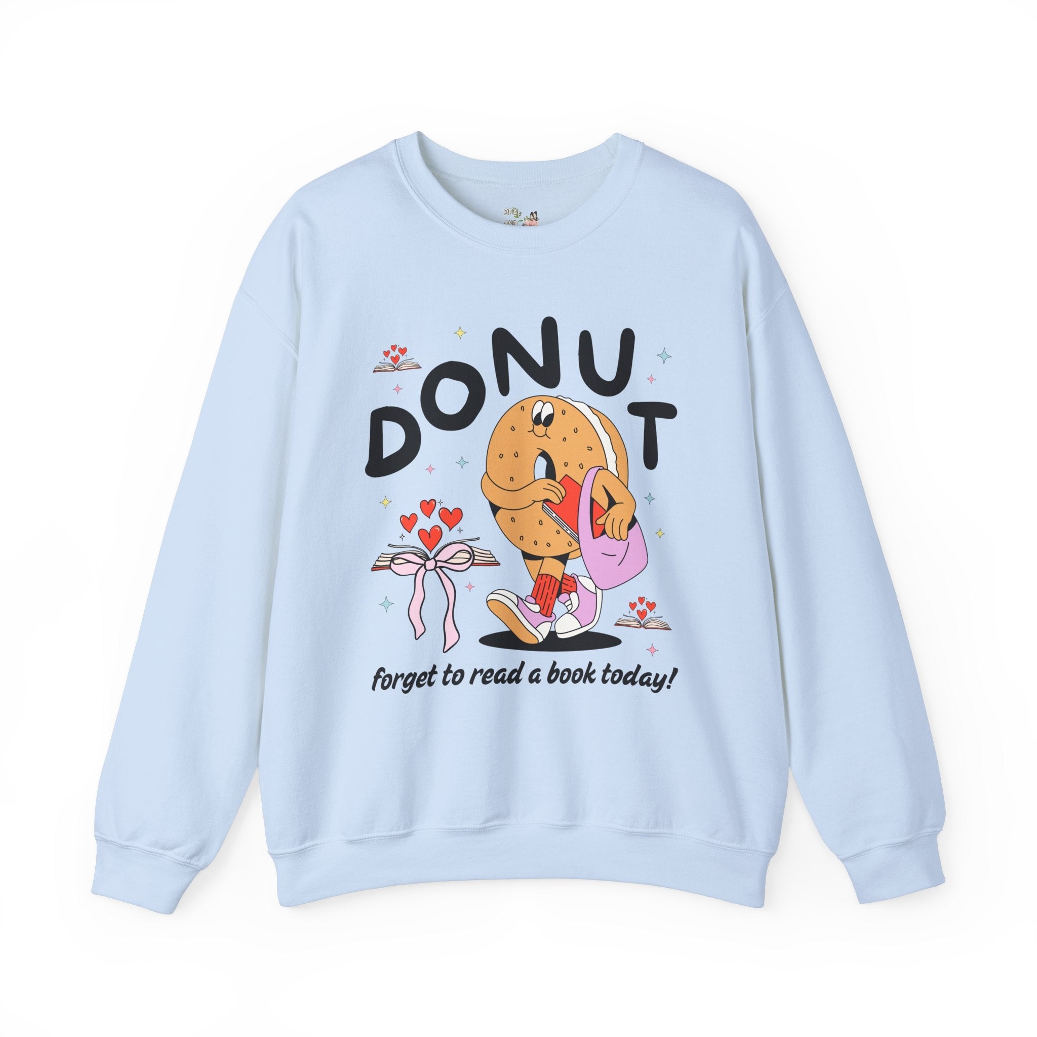 Reading Teacher Sweatshirt for Book Lover or Romance Reader, Funny Saying Bookworm Donut Crewneck with Hearts, Groovy School Librarian Gift - Opal and June