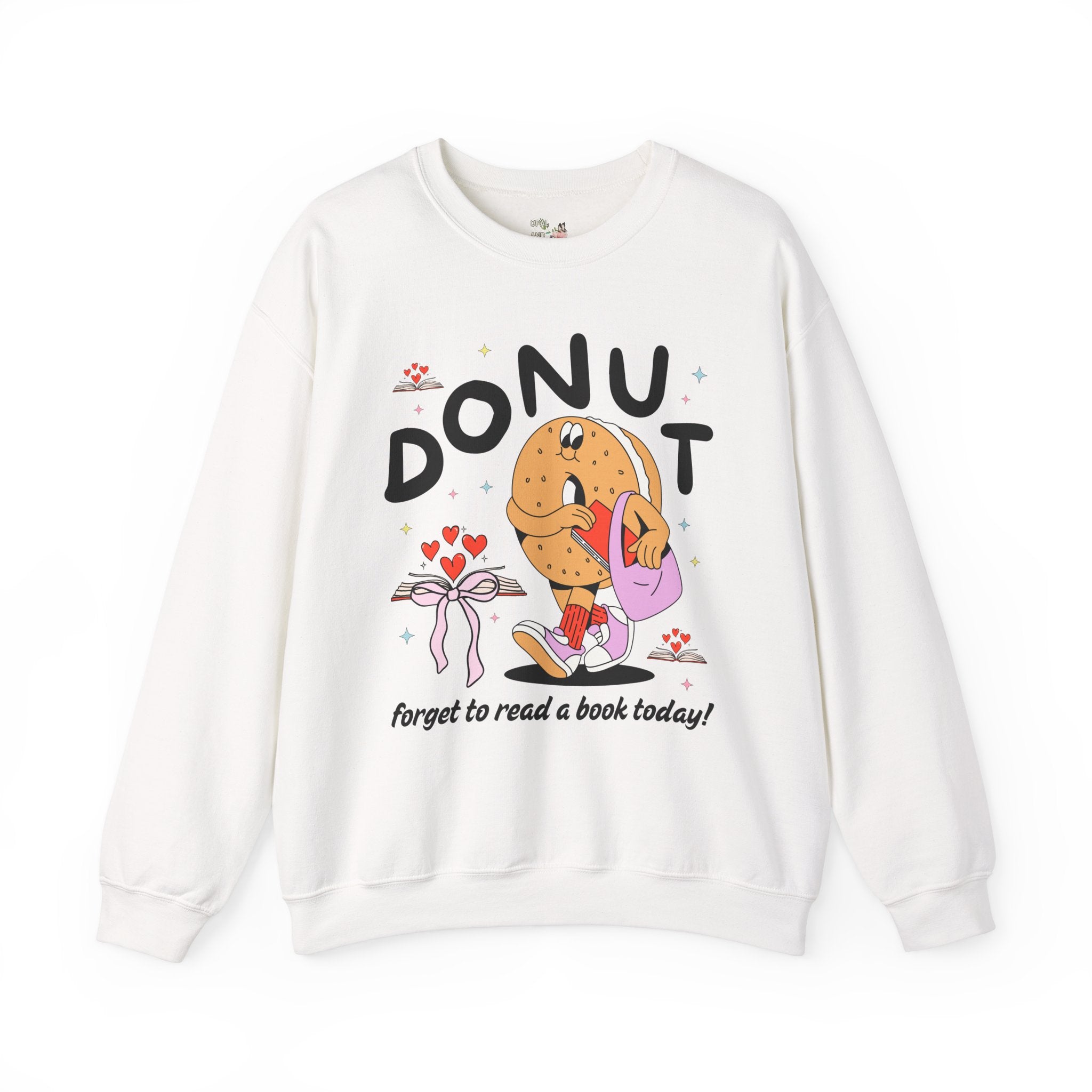 Reading Teacher Sweatshirt for Book Lover or Romance Reader, Funny Saying Bookworm Donut Crewneck with Hearts, Groovy School Librarian Gift - Opal and June