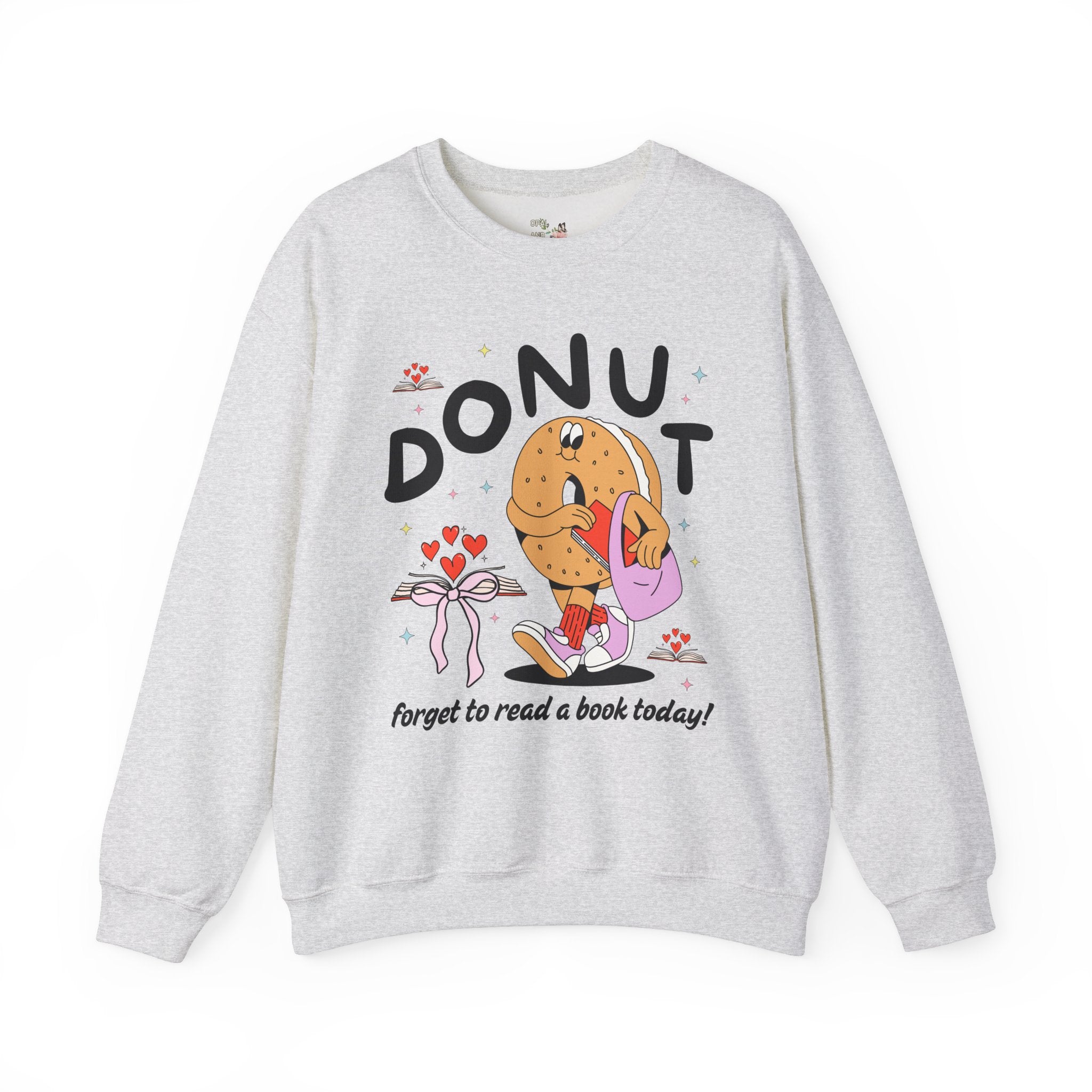 Reading Teacher Sweatshirt for Book Lover or Romance Reader, Funny Saying Bookworm Donut Crewneck with Hearts, Groovy School Librarian Gift - Opal and June
