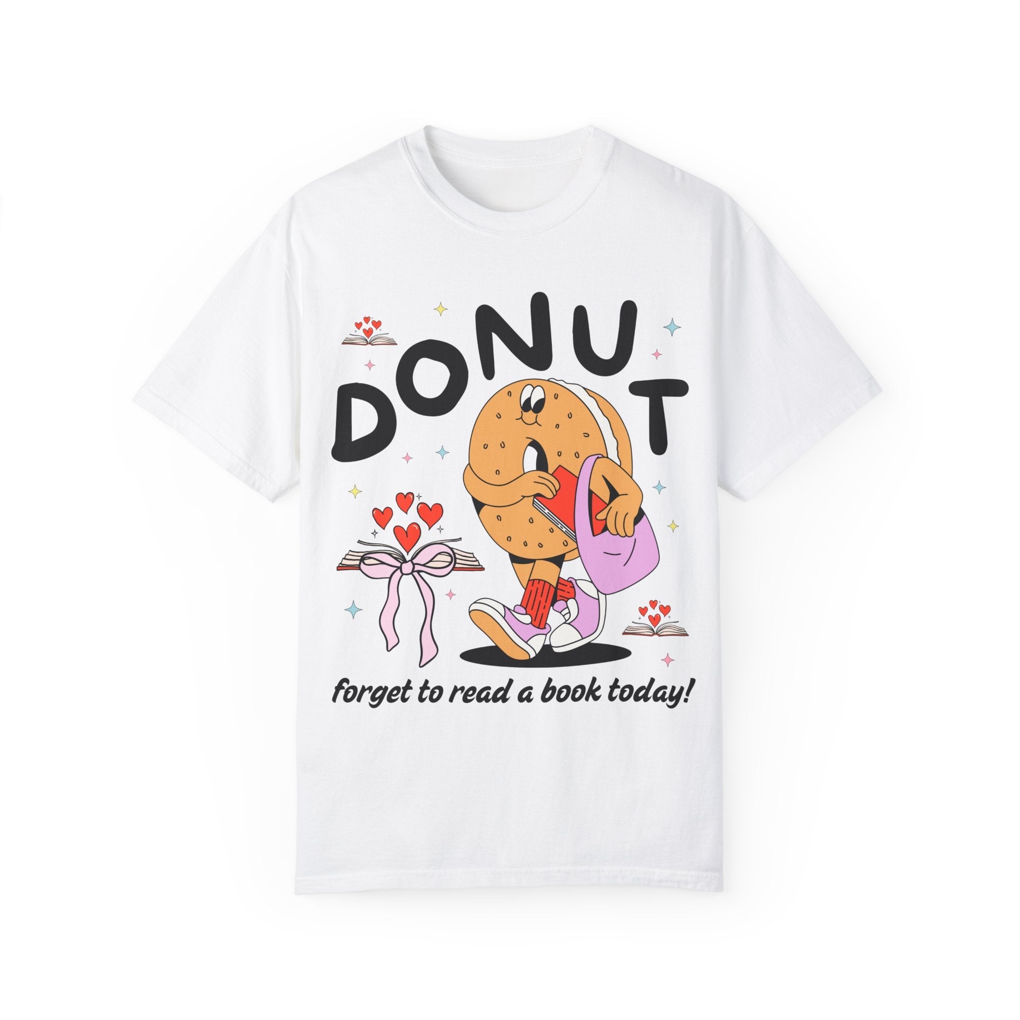 Reading Teacher Tee Shirt for Book Lover or Romance Reader, Funny Saying Bookworm Donut T-Shirt with Hearts, Groovy School Librarian Gift - Opal and June