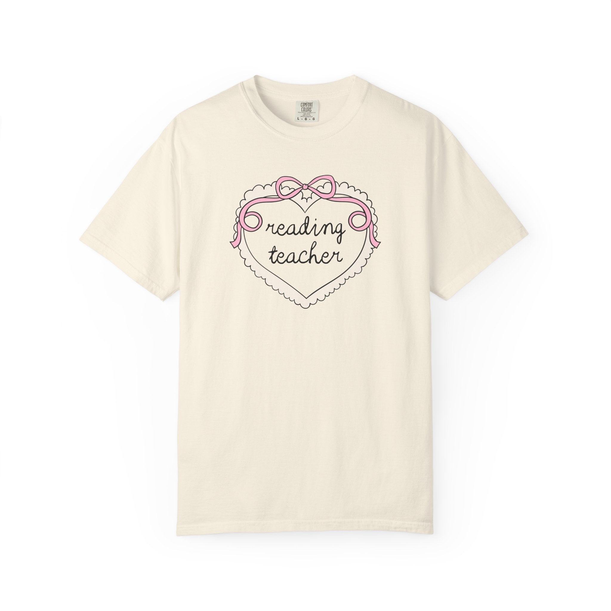 Reading Teacher Tee Shirt for School Librarian or Reading Teacher Crew, Cute Retro Aesthetic Heart with Ribbon, Matching Reading Teacher Tee - Opal and June