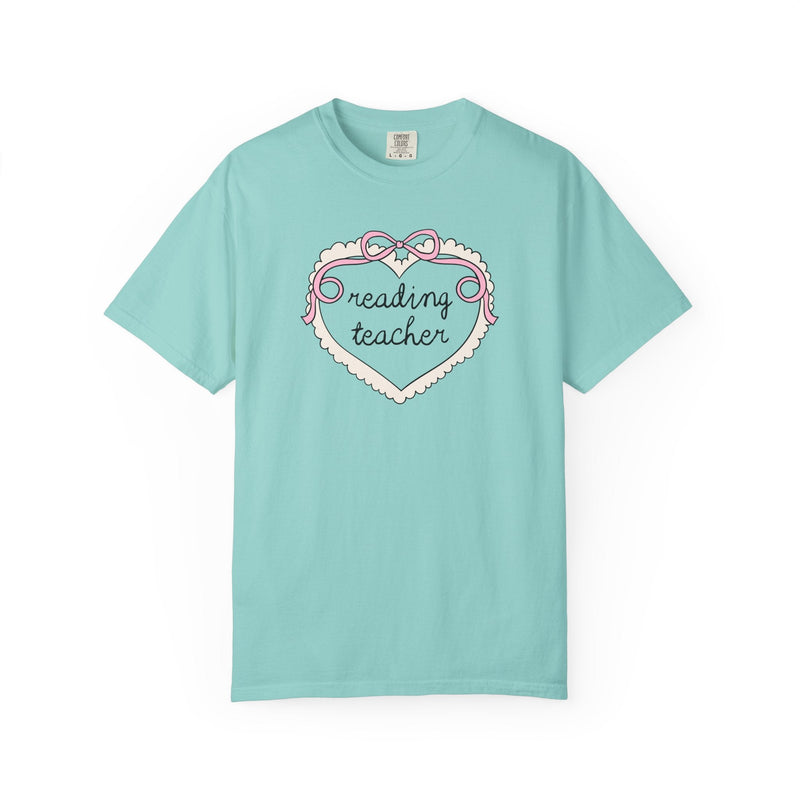 Reading Teacher Tee Shirt for School Librarian or Reading Teacher Crew, Cute Retro Aesthetic Heart with Ribbon, Matching Reading Teacher Tee - Opal and June