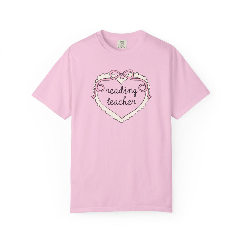 Reading Teacher Tee Shirt for School Librarian or Reading Teacher Crew, Cute Retro Aesthetic Heart with Ribbon, Matching Reading Teacher Tee - Opal and June