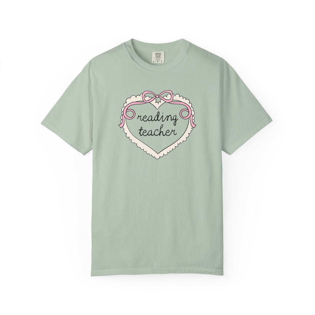 Reading Teacher Tee Shirt for School Librarian or Reading Teacher Crew, Cute Retro Aesthetic Heart with Ribbon, Matching Reading Teacher Tee - Opal and June