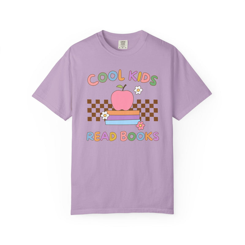 Reading Teacher Tee Shirt with Apple Sitting on Books: Cool Kids Read Books, Funny Saying Bookish Tee Shirt for School Librarian or Bookworm - Opal and June