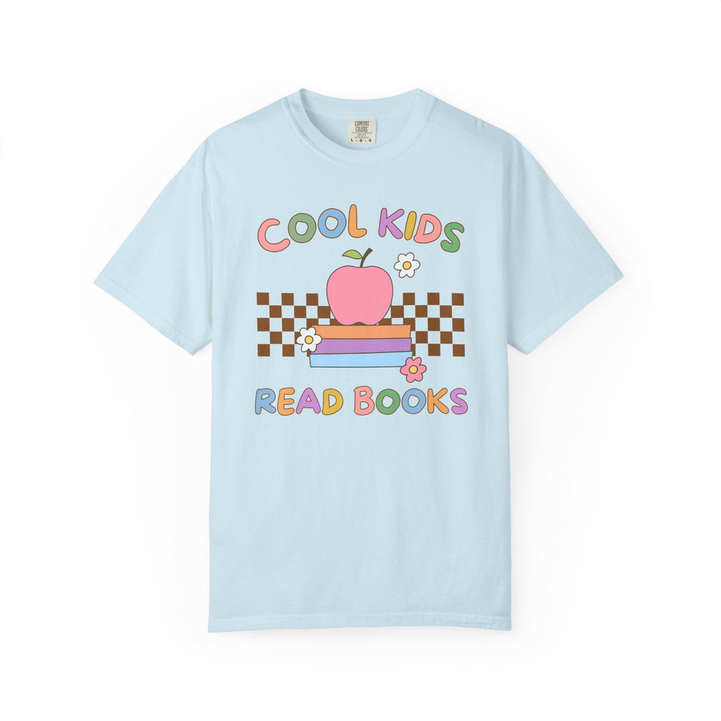 Reading Teacher Tee Shirt with Apple Sitting on Books: Cool Kids Read Books, Funny Saying Bookish Tee Shirt for School Librarian or Bookworm - Opal and June