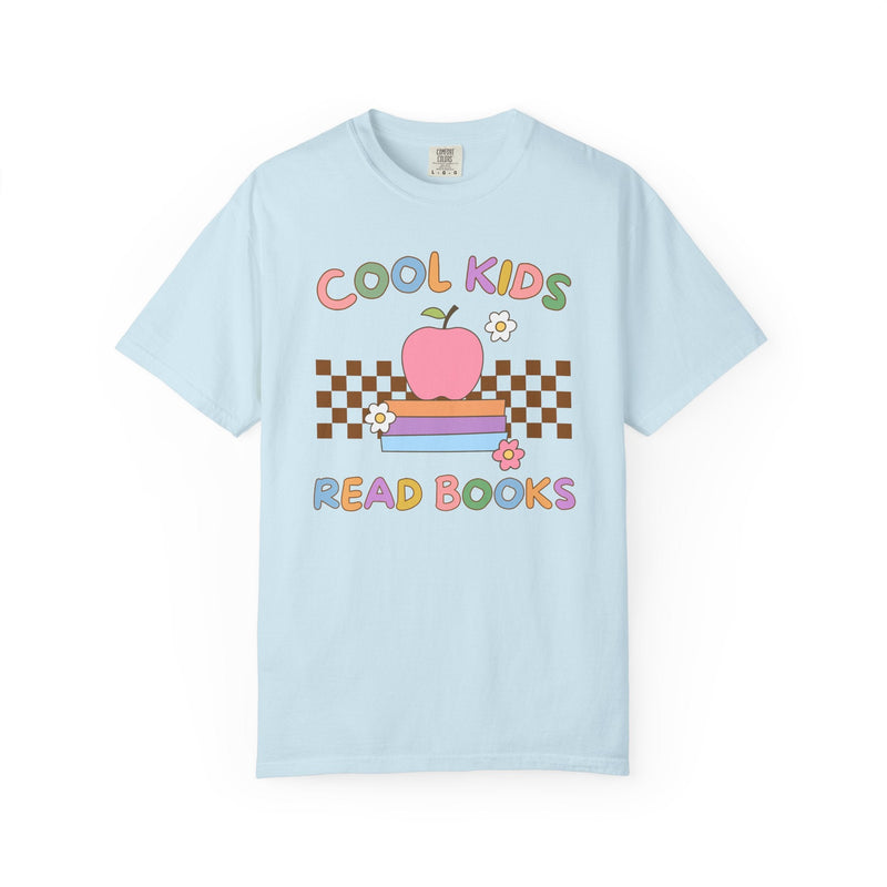 Reading Teacher Tee Shirt with Apple Sitting on Books: Cool Kids Read Books, Funny Saying Bookish Tee Shirt for School Librarian or Bookworm - Opal and June