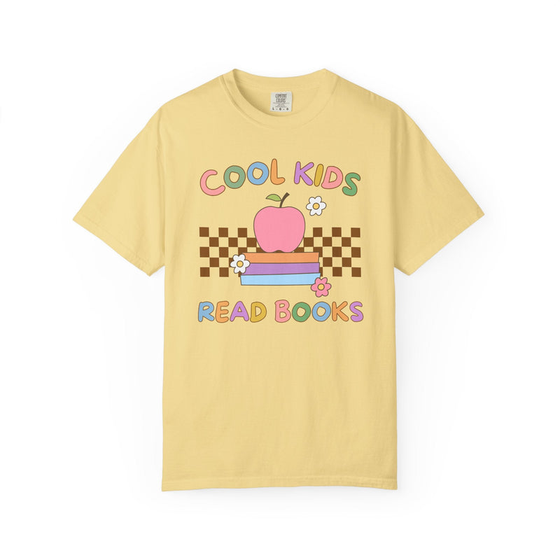 Reading Teacher Tee Shirt with Apple Sitting on Books: Cool Kids Read Books, Funny Saying Bookish Tee Shirt for School Librarian or Bookworm - Opal and June