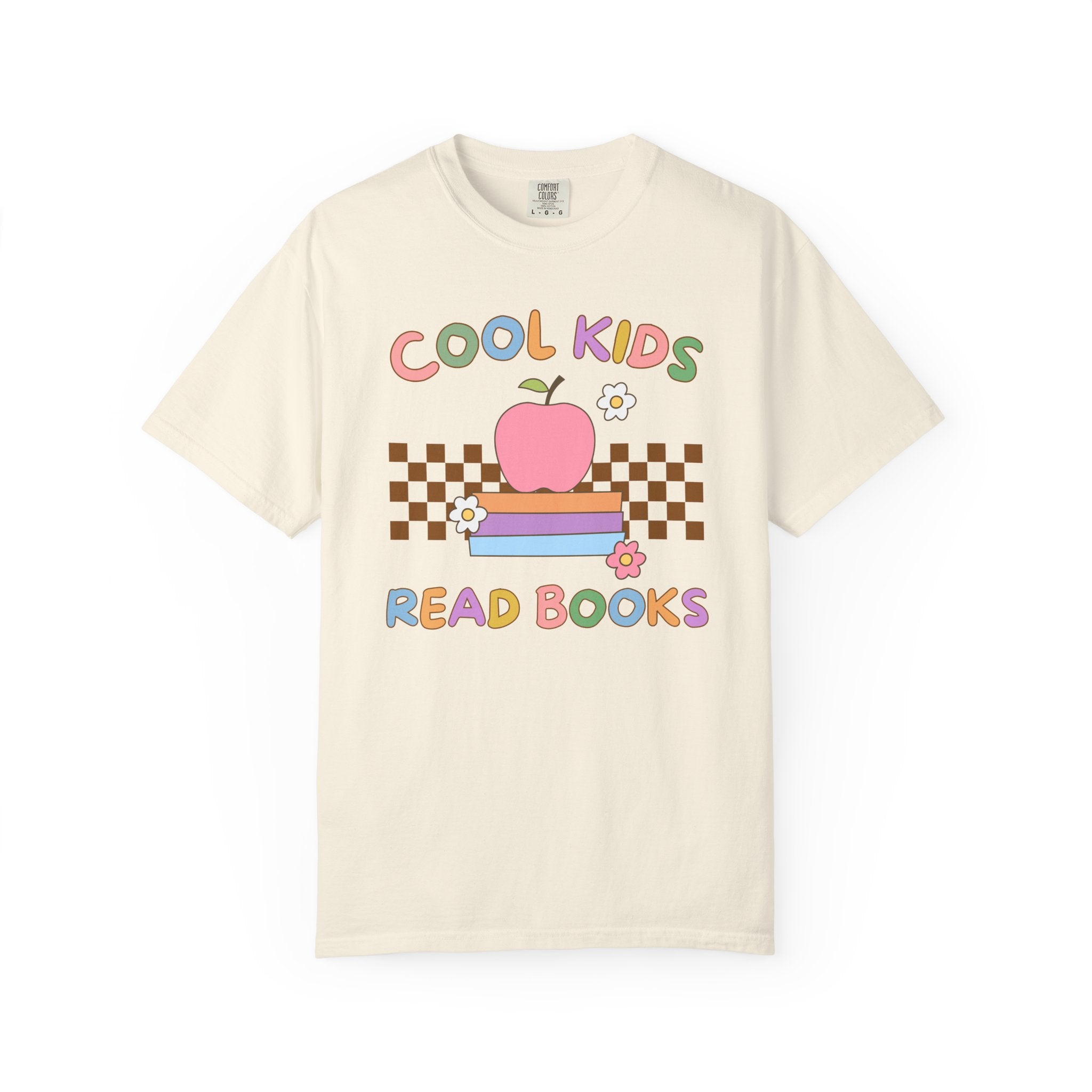 Reading Teacher Tee Shirt with Apple Sitting on Books: Cool Kids Read Books, Funny Saying Bookish Tee Shirt for School Librarian or Bookworm - Opal and June