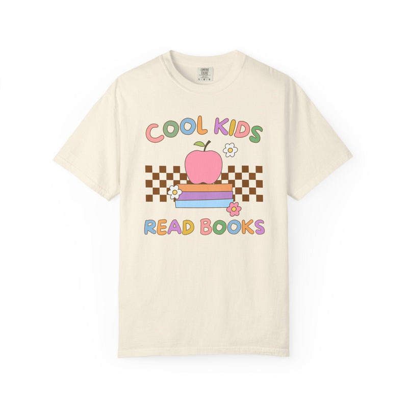 Reading Teacher Tee Shirt with Apple Sitting on Books: Cool Kids Read Books, Funny Saying Bookish Tee Shirt for School Librarian or Bookworm - Opal and June