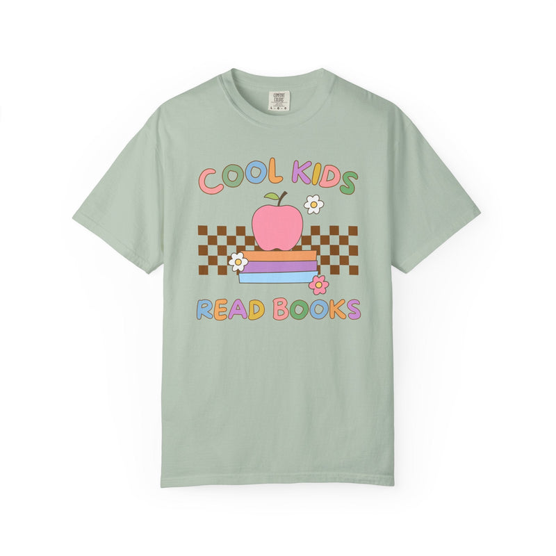 Reading Teacher Tee Shirt with Apple Sitting on Books: Cool Kids Read Books, Funny Saying Bookish Tee Shirt for School Librarian or Bookworm - Opal and June