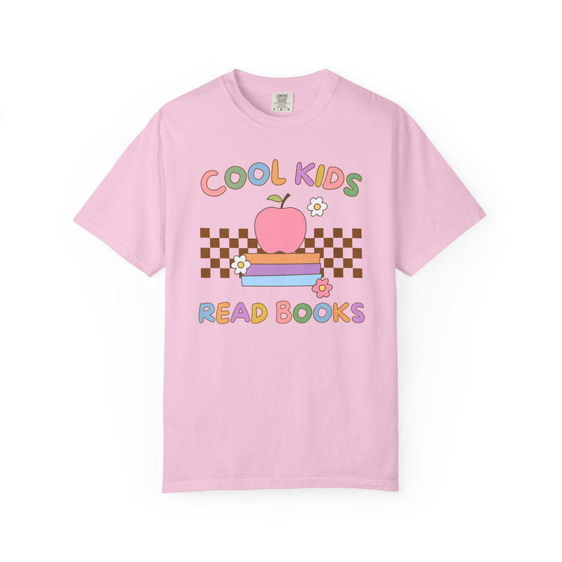 Reading Teacher Tee Shirt with Apple Sitting on Books: Cool Kids Read Books, Funny Saying Bookish Tee Shirt for School Librarian or Bookworm - Opal and June