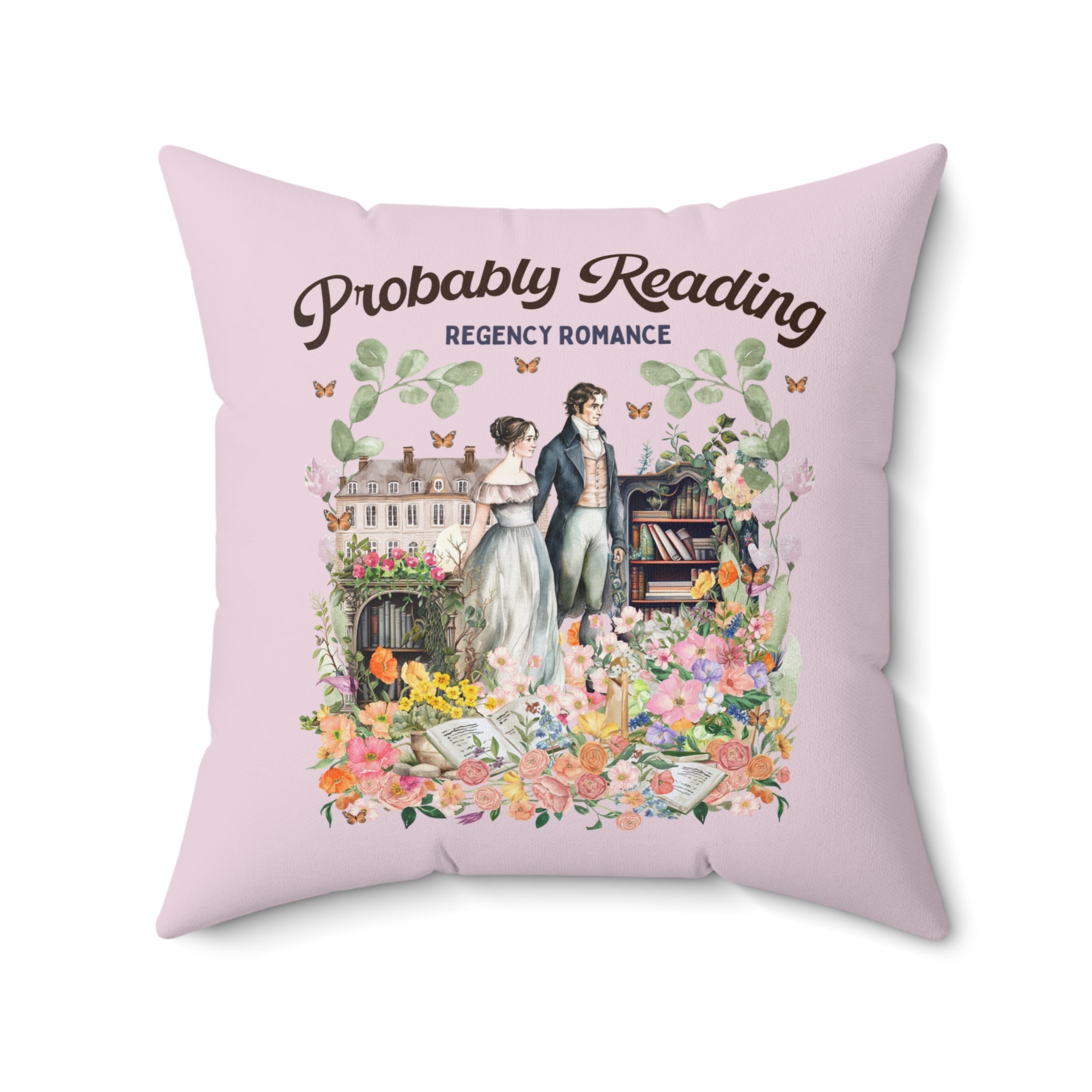 Regency Romance Pillow: Bookish Decor with Cottagecore Flowers and Butterflies | Floral Book Lover Pillow for Historical Romance Reader - Opal and June