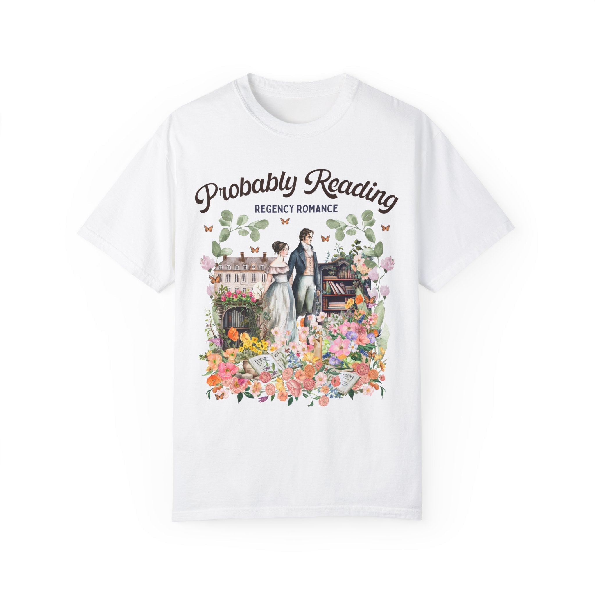 Regency Romance Tee Shirt: Bookish Shirt with Cottagecore Flowers and Butterflies | Floral Book Lover Shirt for Historical Romance Reader - Opal and June