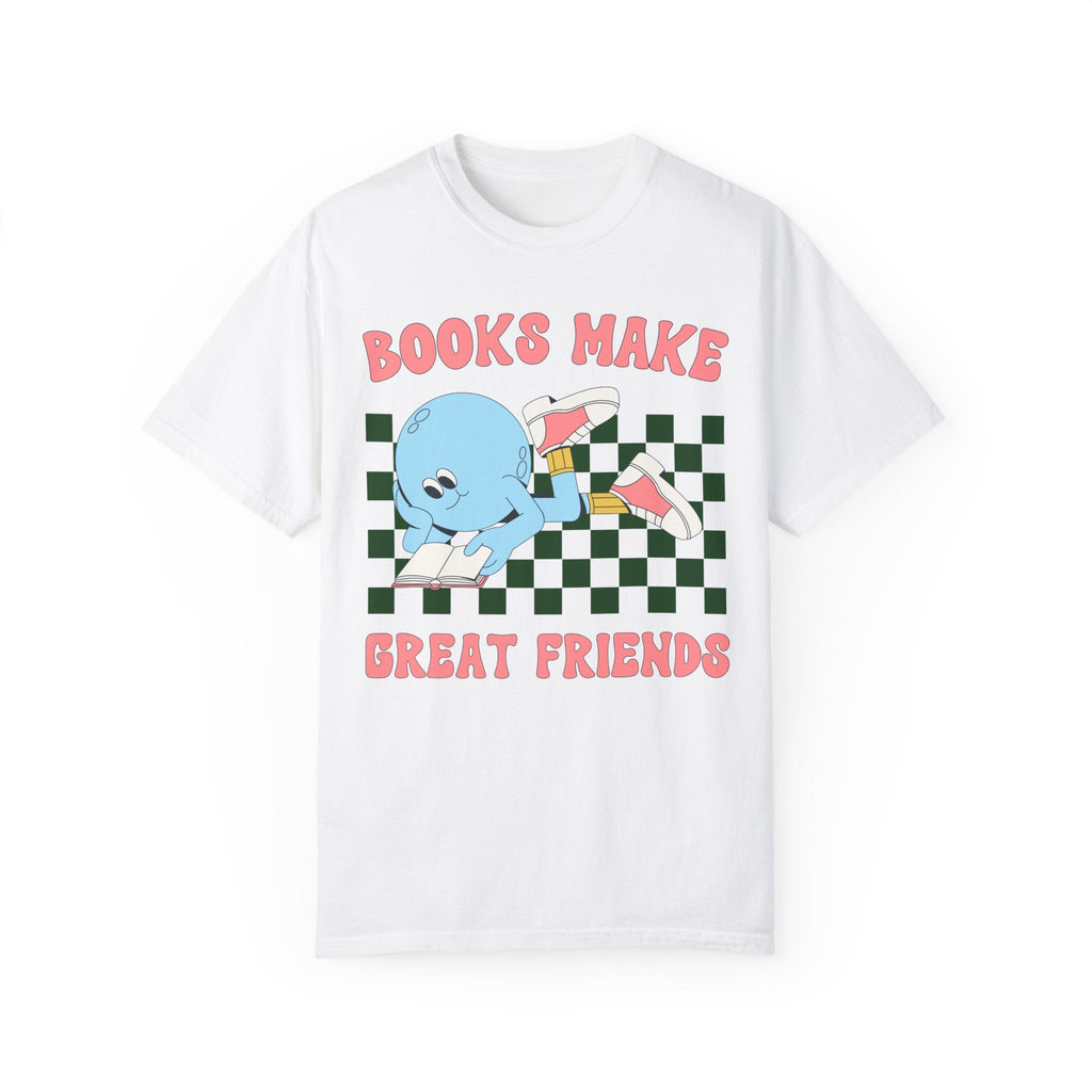 Retro Bookish Tee Shirt with Cute Earth Reading a Book on Checkered Pattern: Books Make Great Friends | Gift for Reader, Read More Books - Opal and June