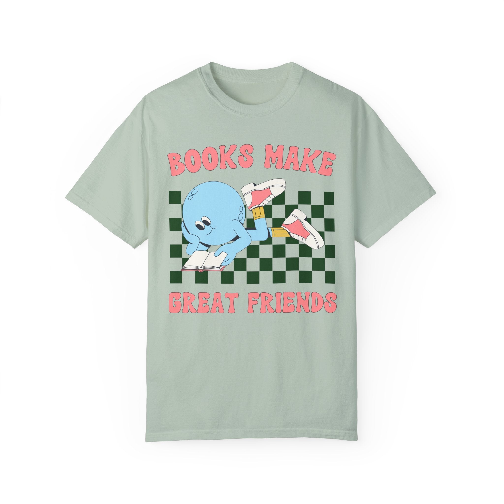 Retro Bookish Tee Shirt with Cute Earth Reading a Book on Checkered Pattern: Books Make Great Friends | Gift for Reader, Read More Books - Opal and June