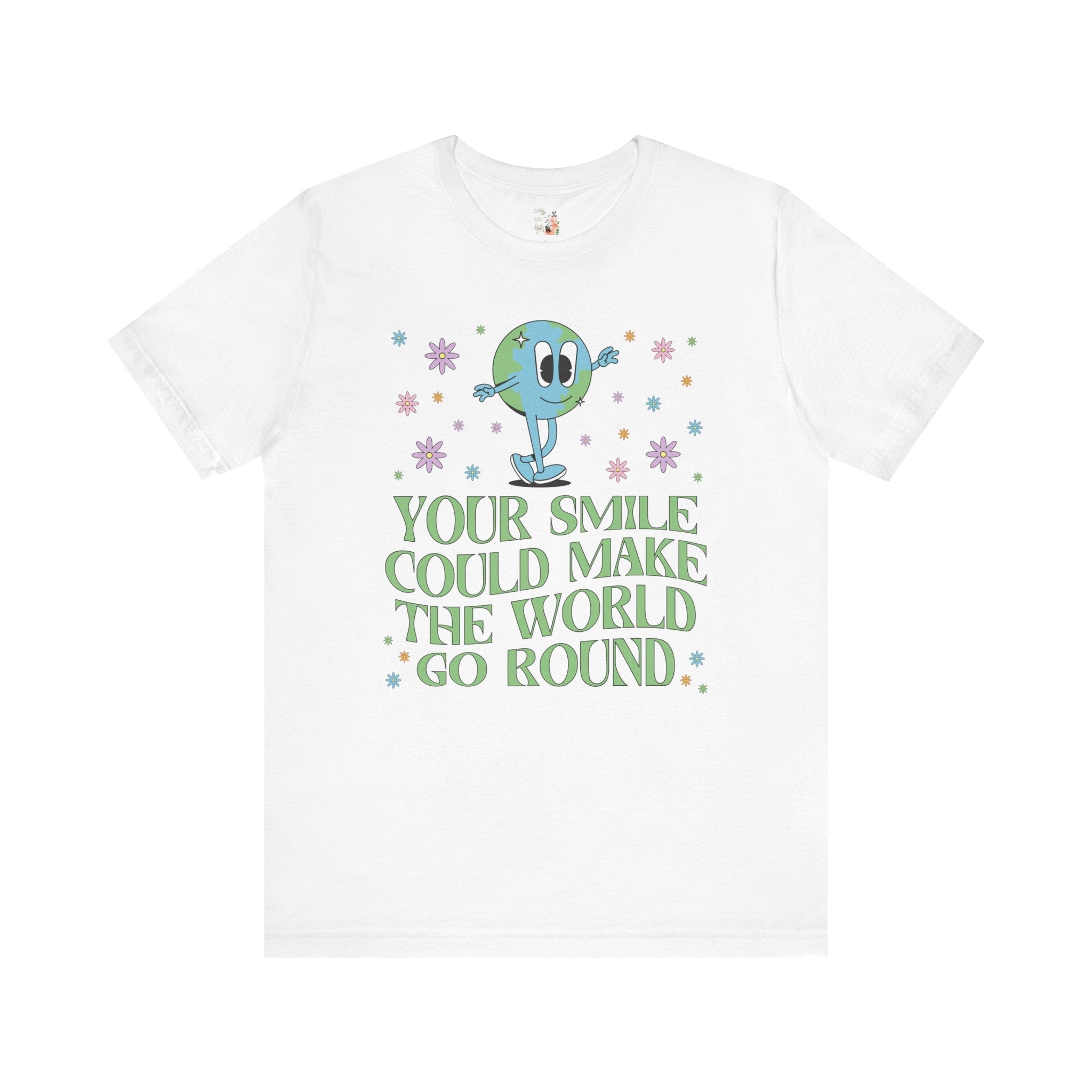 Retro Earth: Your Smile Could Make the World Go Round | Gift for Teen, Cute Floral Earth Tee, Positive Vibes, T-Shirt with Uplifting Message - Opal and June