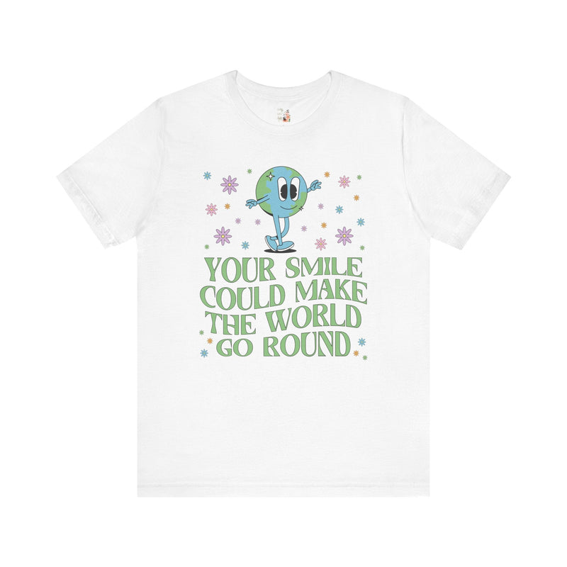 Retro Earth: Your Smile Could Make the World Go Round | Gift for Teen, Cute Floral Earth Tee, Positive Vibes, T-Shirt with Uplifting Message - Opal and June