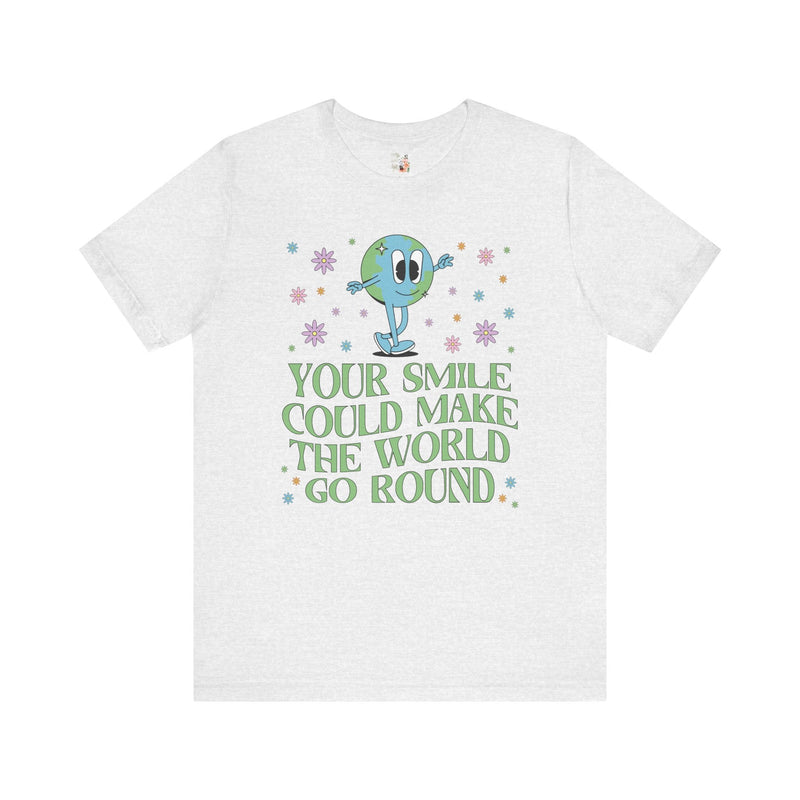 Retro Earth: Your Smile Could Make the World Go Round | Gift for Teen, Cute Floral Earth Tee, Positive Vibes, T-Shirt with Uplifting Message - Opal and June