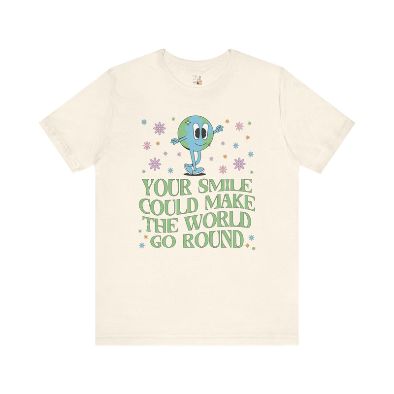 Retro Earth: Your Smile Could Make the World Go Round | Gift for Teen, Cute Floral Earth Tee, Positive Vibes, T-Shirt with Uplifting Message - Opal and June