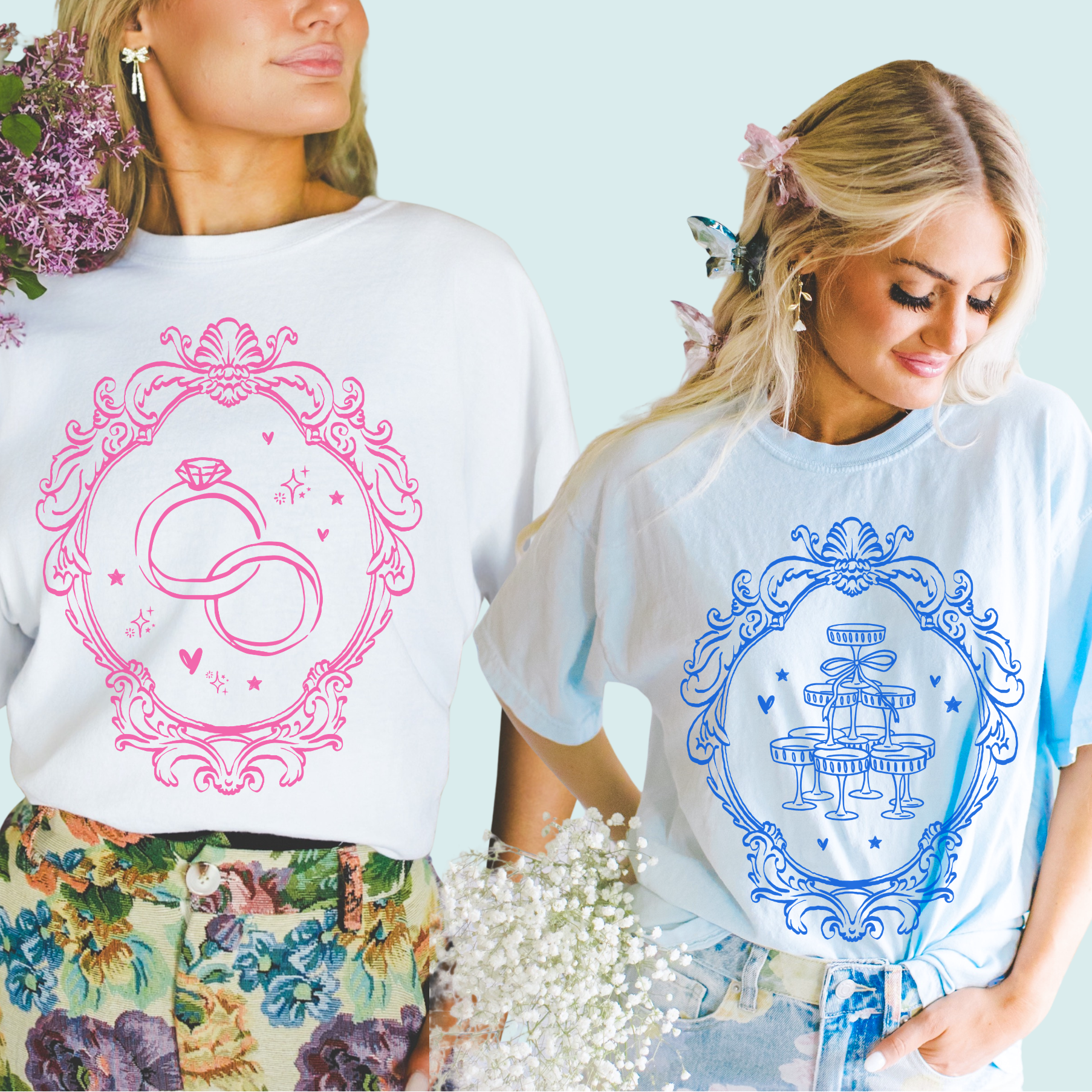 Rococo Bachelorette Party Tee Shirt with Vintage Aesthetic and Hearts: Nostalgic Maximalist Wedding Weekend T-Shirt with Cat, Engaged Bride - Opal and June