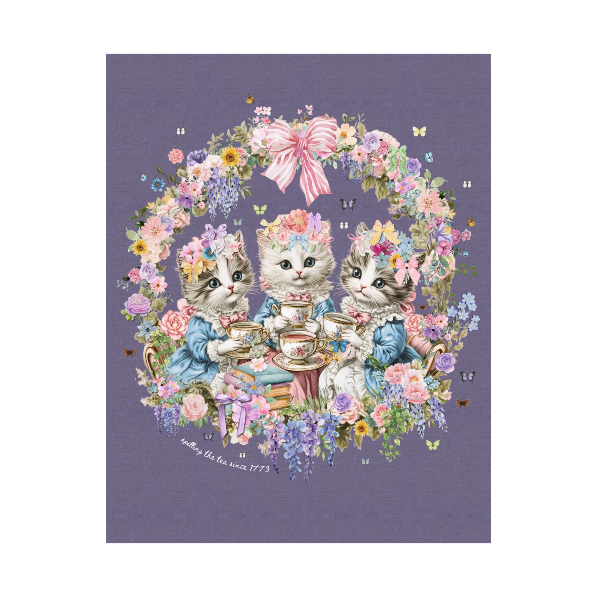 Rococo History Cat Lover Poster Print with Flowers and Butterflies, Silly Social Studies Class Decor with Bows, Colorful Maximalist 90s Vibe - Opal and June