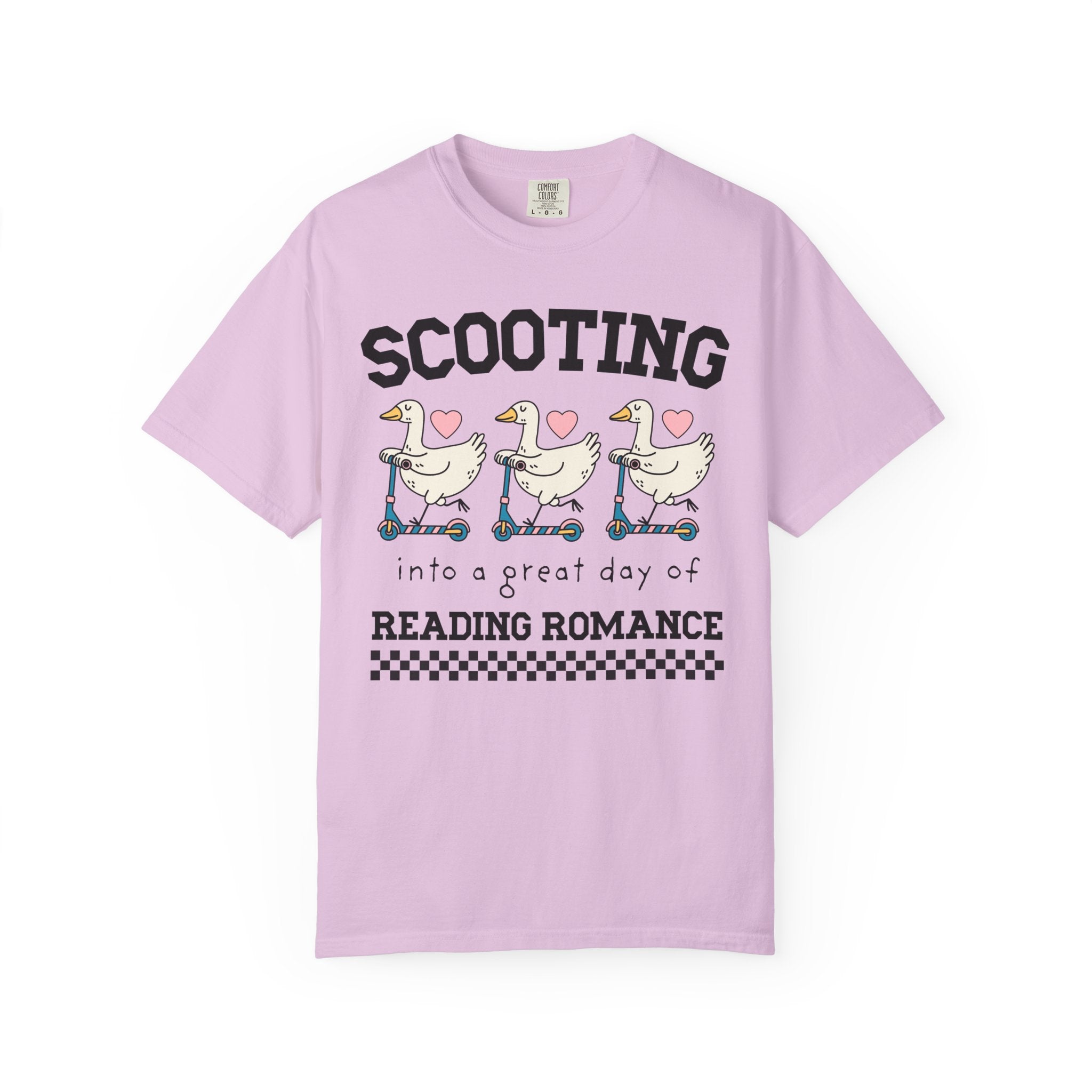 Romance Reader Animal Lover Tee Shirt with Cute 90s Aesthetic Geese: Scooting into a Great Day of Reading Romance, Silly Bookish T-Shirt - Opal and June