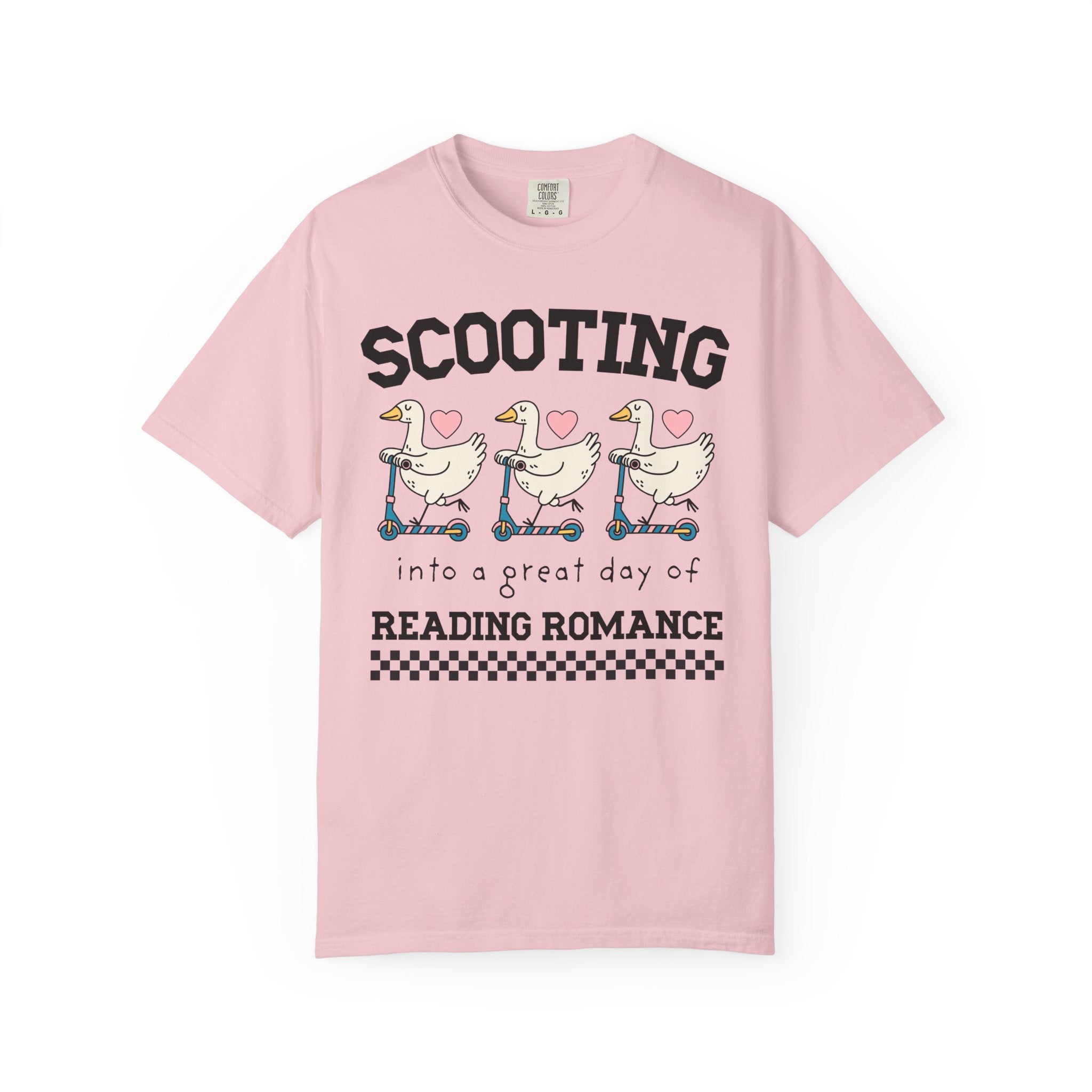 Romance Reader Animal Lover Tee Shirt with Cute 90s Aesthetic Geese: Scooting into a Great Day of Reading Romance, Silly Bookish T-Shirt - Opal and June