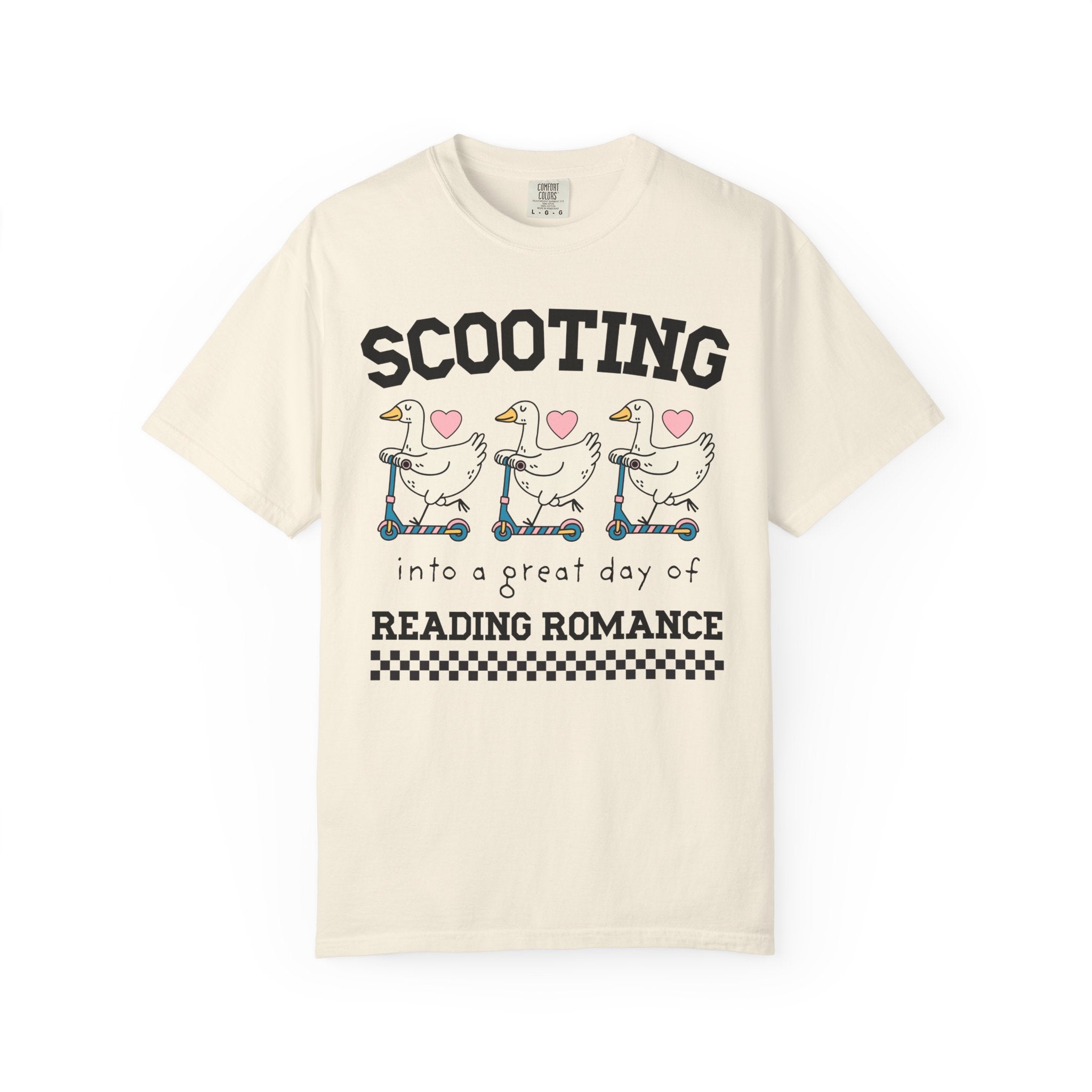 Romance Reader Animal Lover Tee Shirt with Cute 90s Aesthetic Geese: Scooting into a Great Day of Reading Romance, Silly Bookish T-Shirt - Opal and June