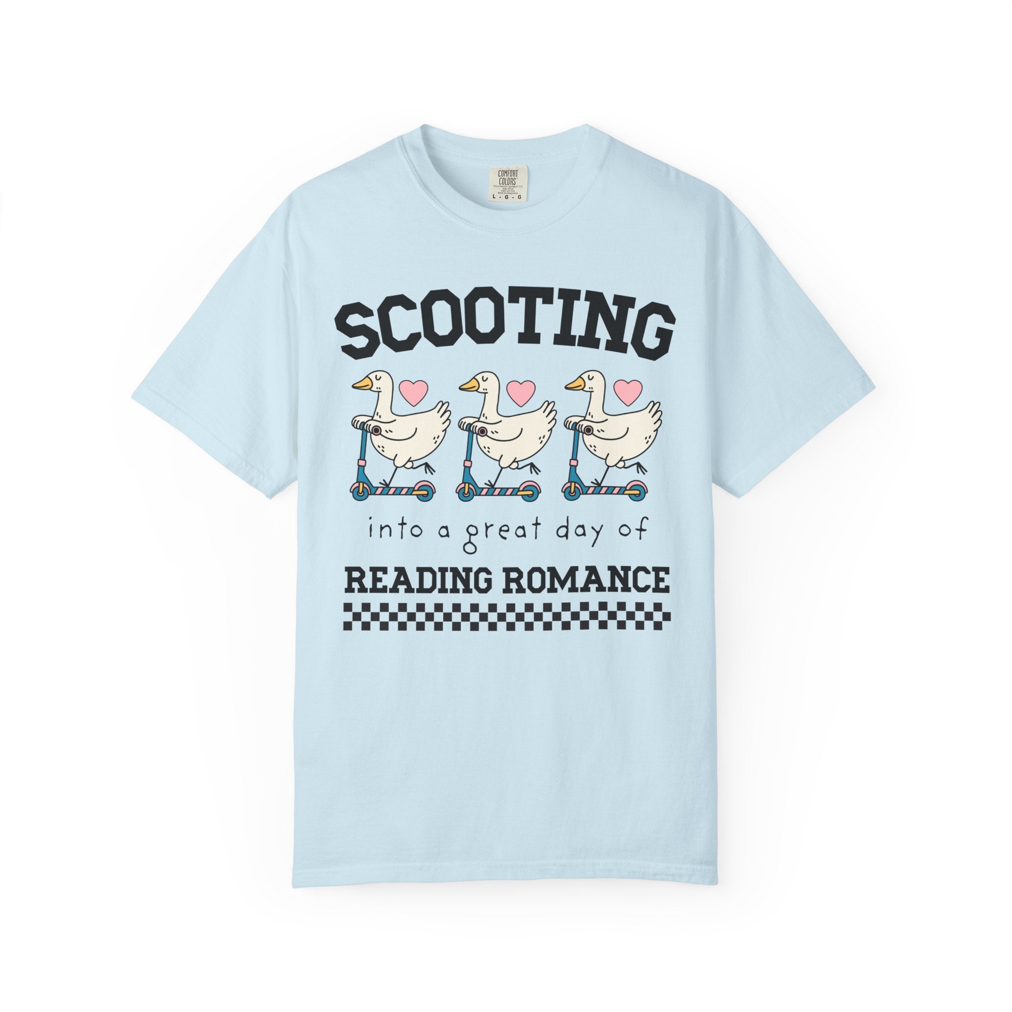 Romance Reader Animal Lover Tee Shirt with Cute 90s Aesthetic Geese: Scooting into a Great Day of Reading Romance, Silly Bookish T-Shirt - Opal and June