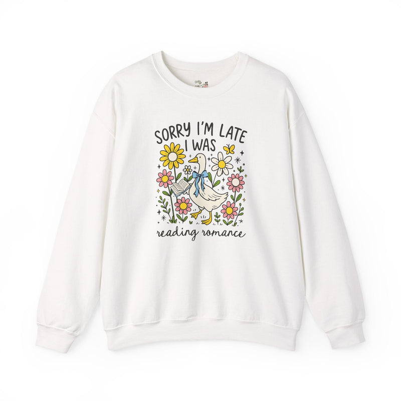 Romance Reader Sweatshirt, Animal Lover Who Loves Flowers and Reading Romance Books, Cute Bookish Shirt with Silly Goose, Romance Bookworm - Opal and June